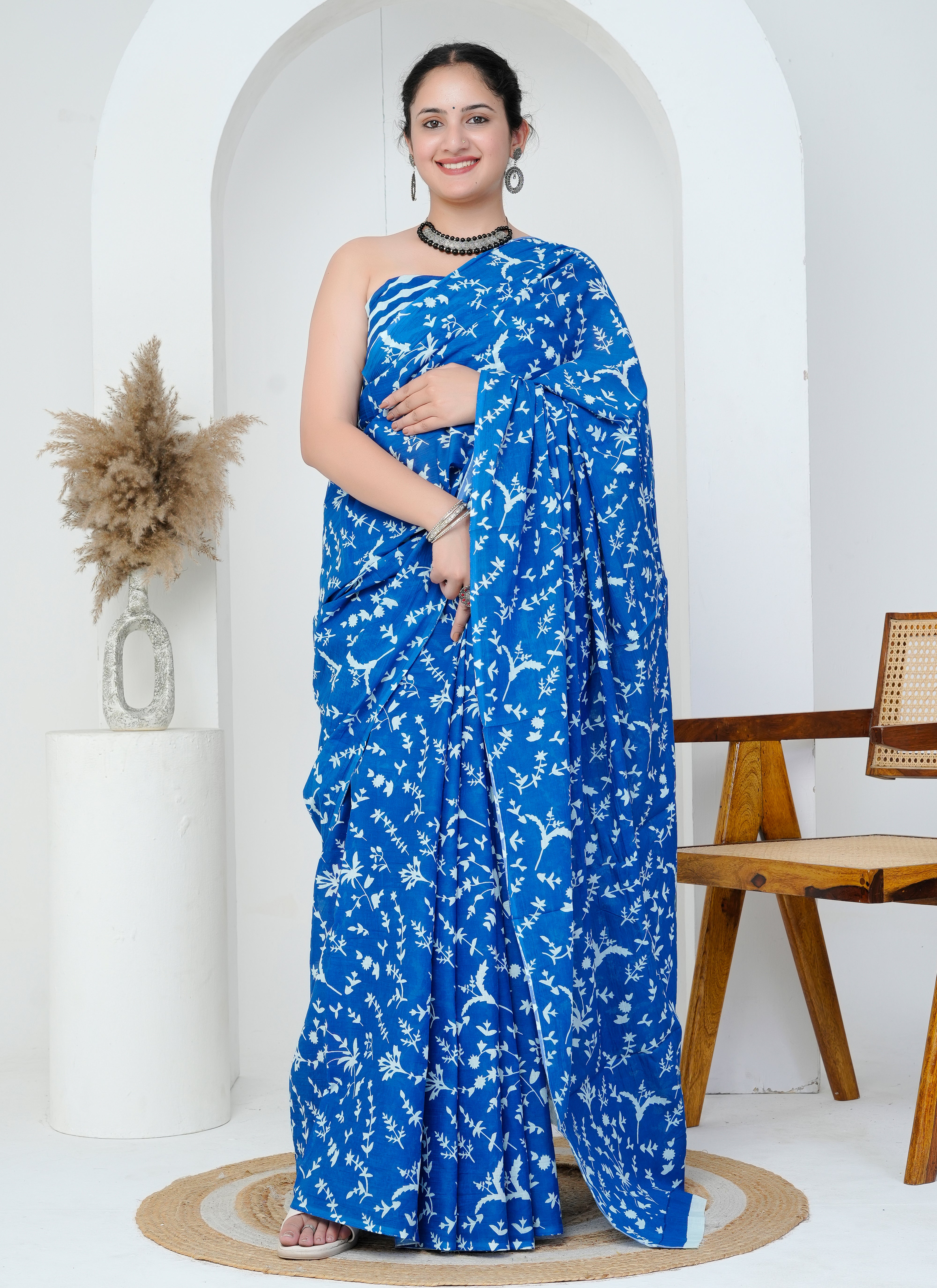 Royal Blue Botanical Hand Block Printed Cotton Saree