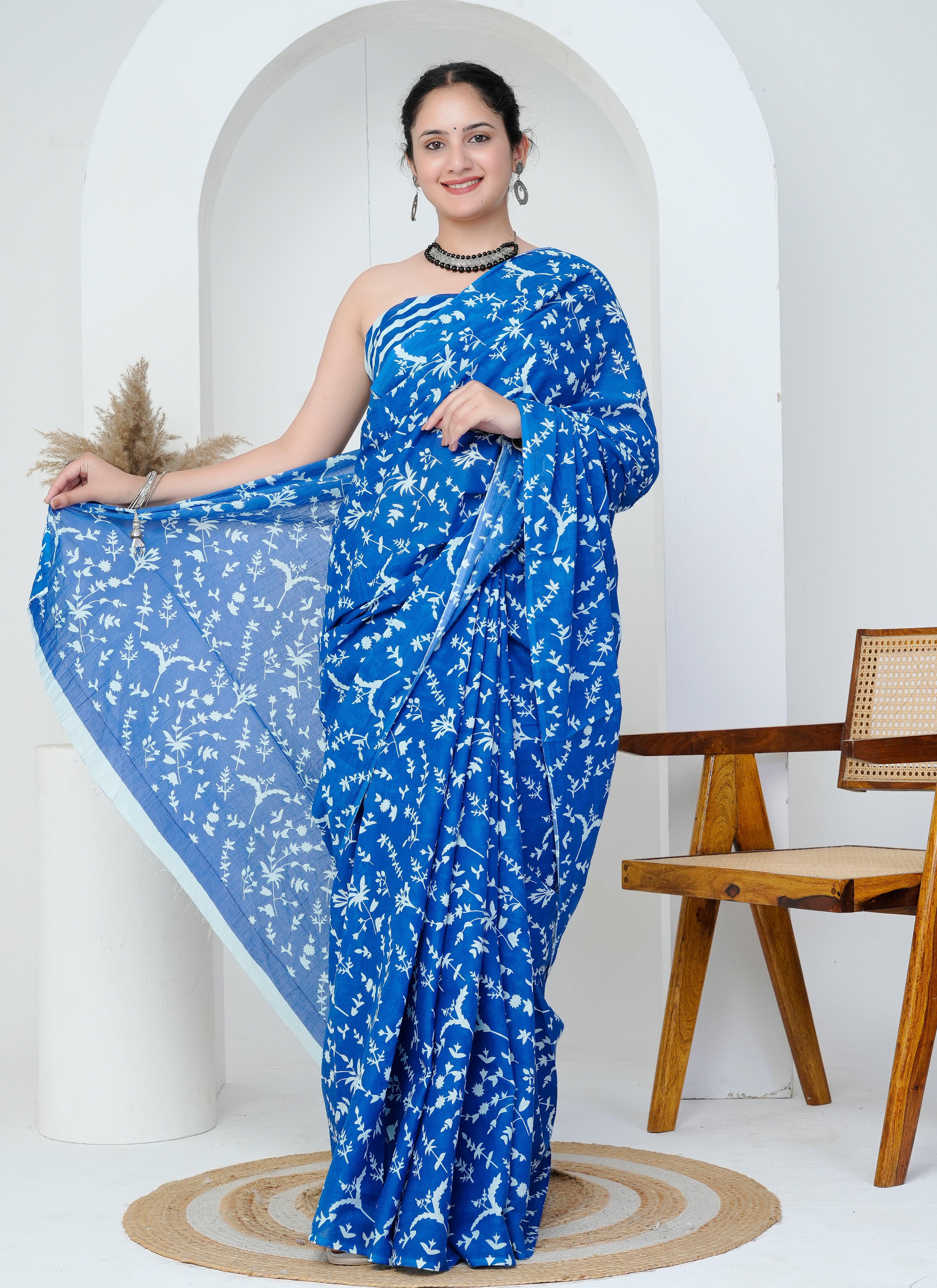Royal Blue Botanical Hand Block Printed Cotton Saree