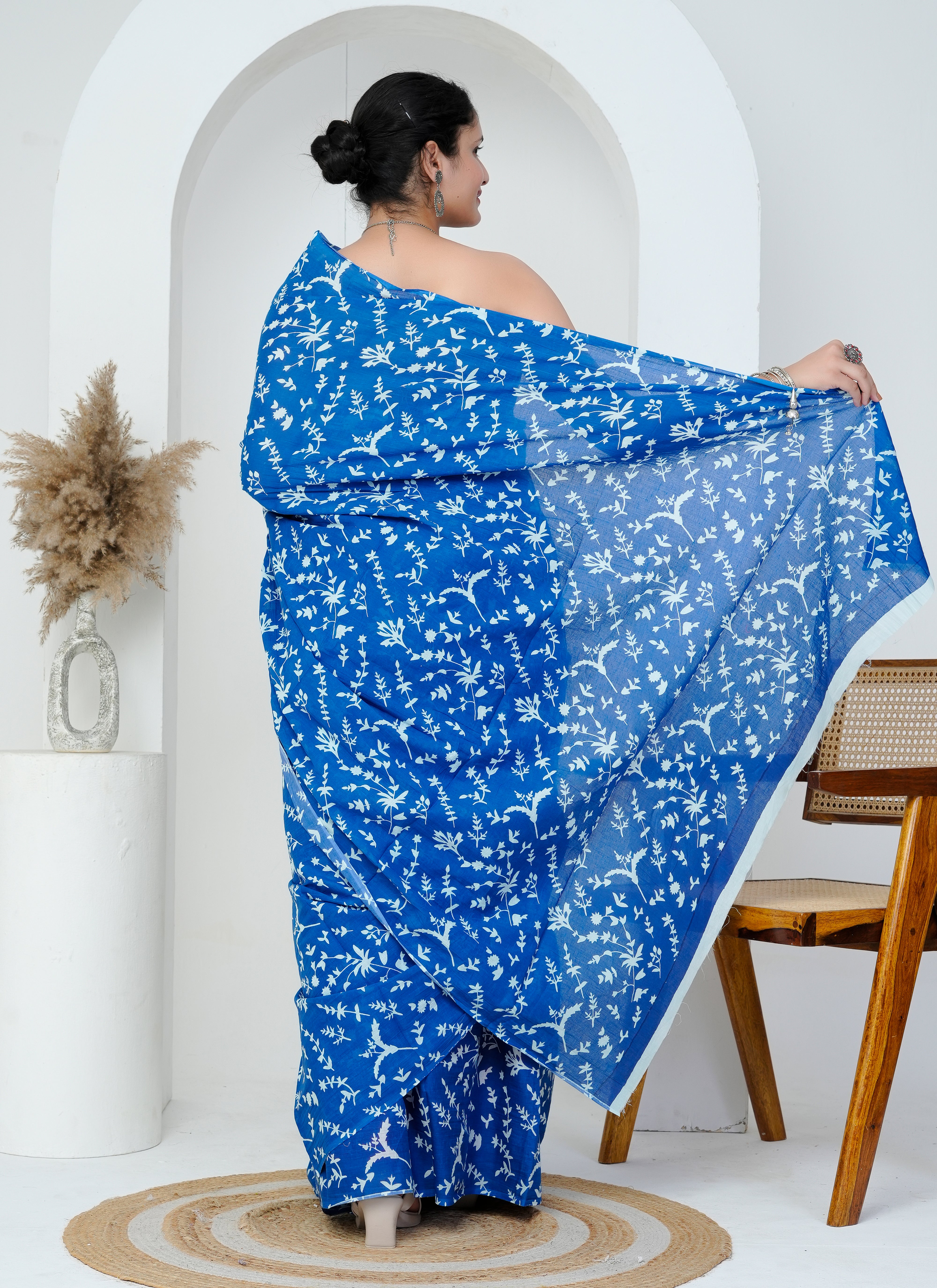 Royal Blue Botanical Hand Block Printed Cotton Saree