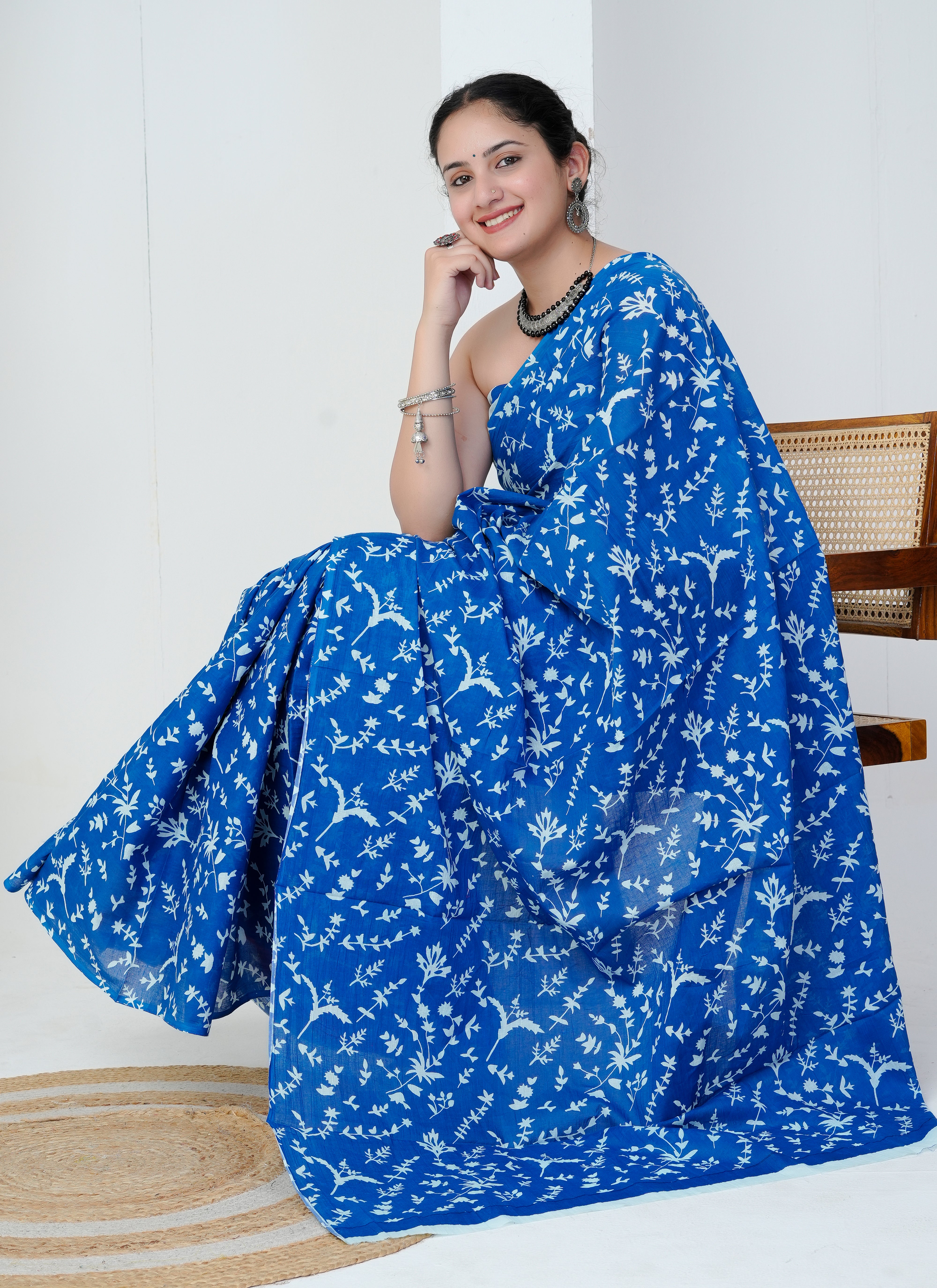 Royal Blue Botanical Hand Block Printed Cotton Saree