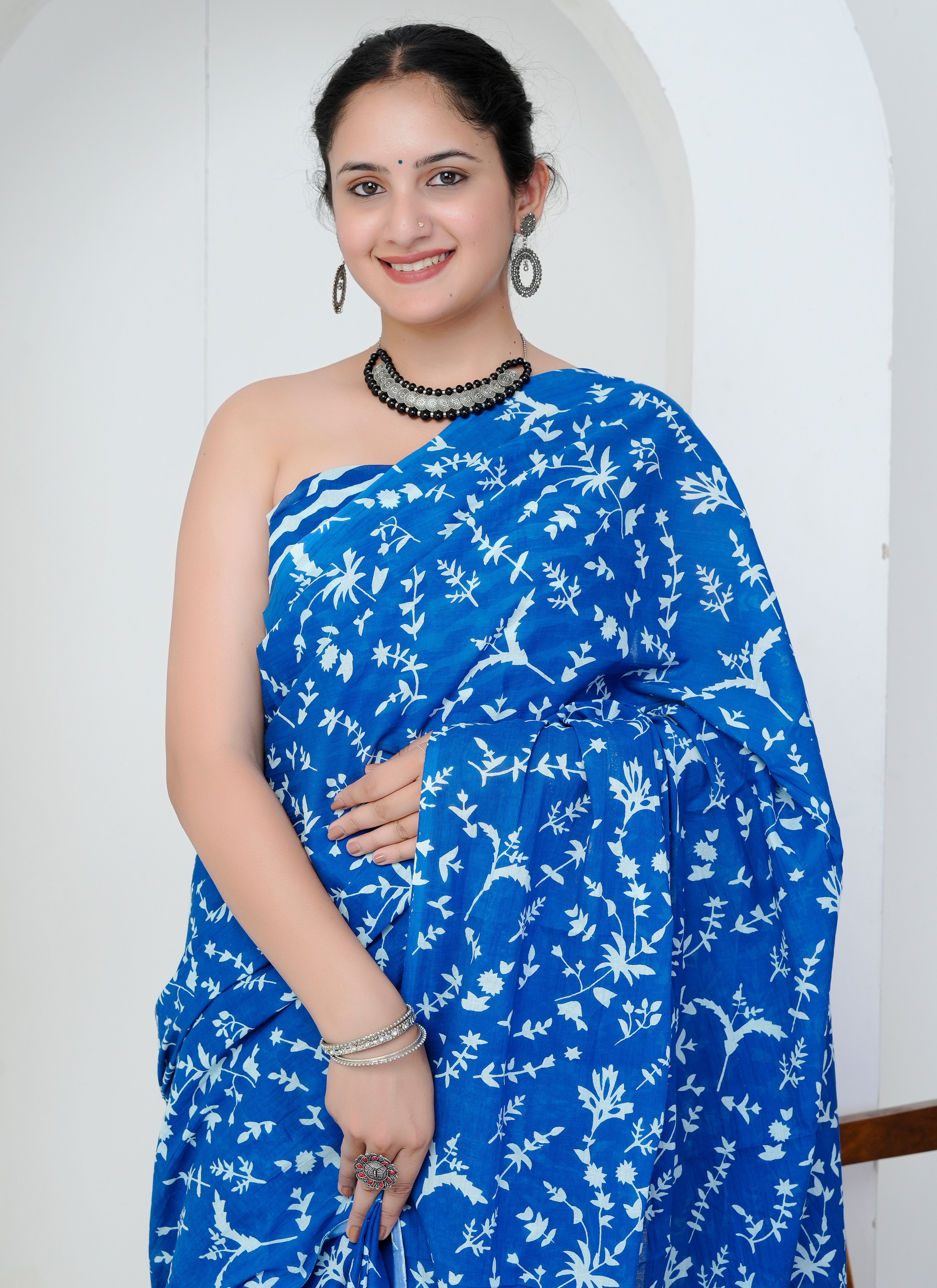 Royal Blue Botanical Hand Block Printed Cotton Saree