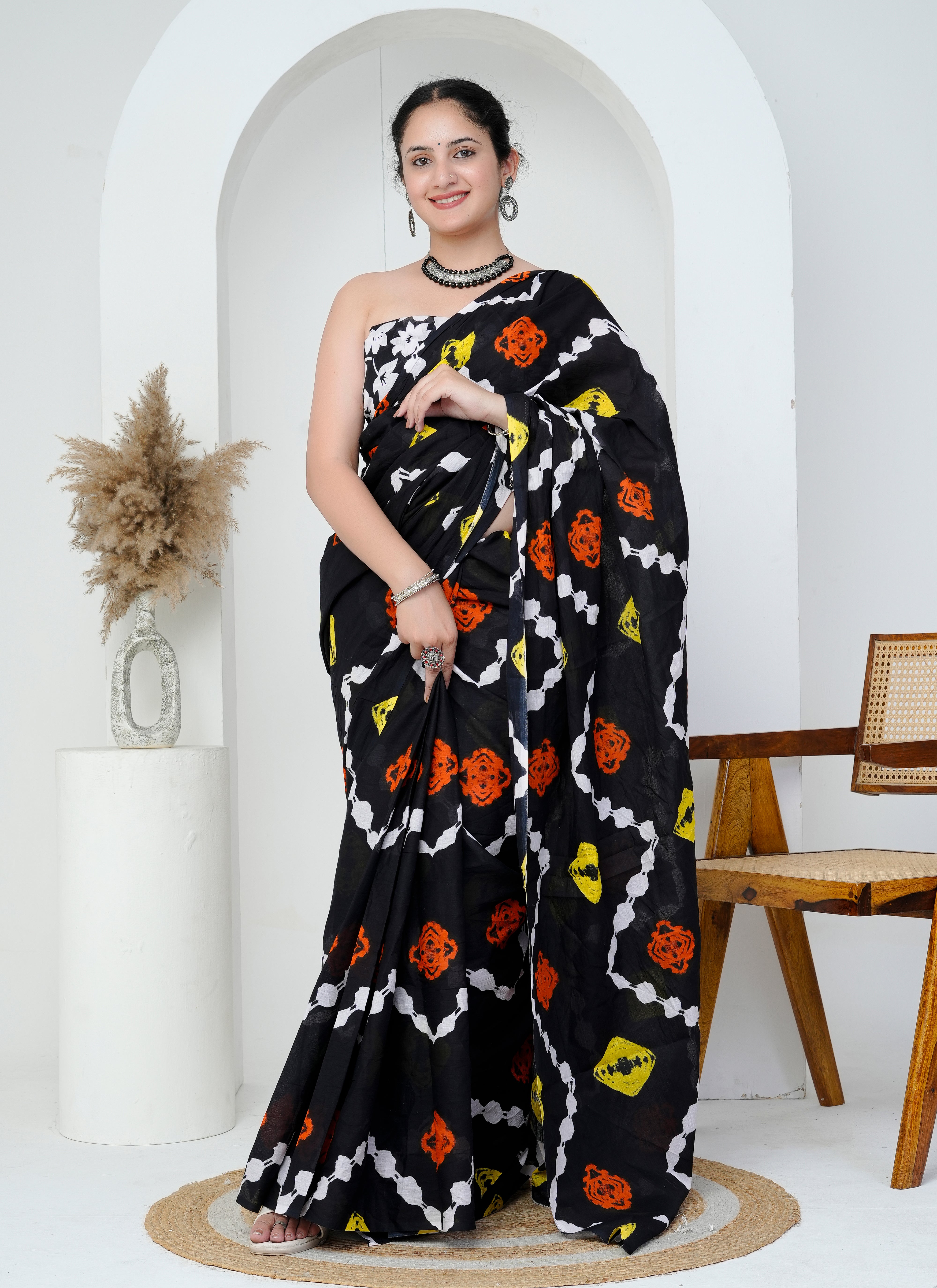 Black Multicolor Cotton Saree