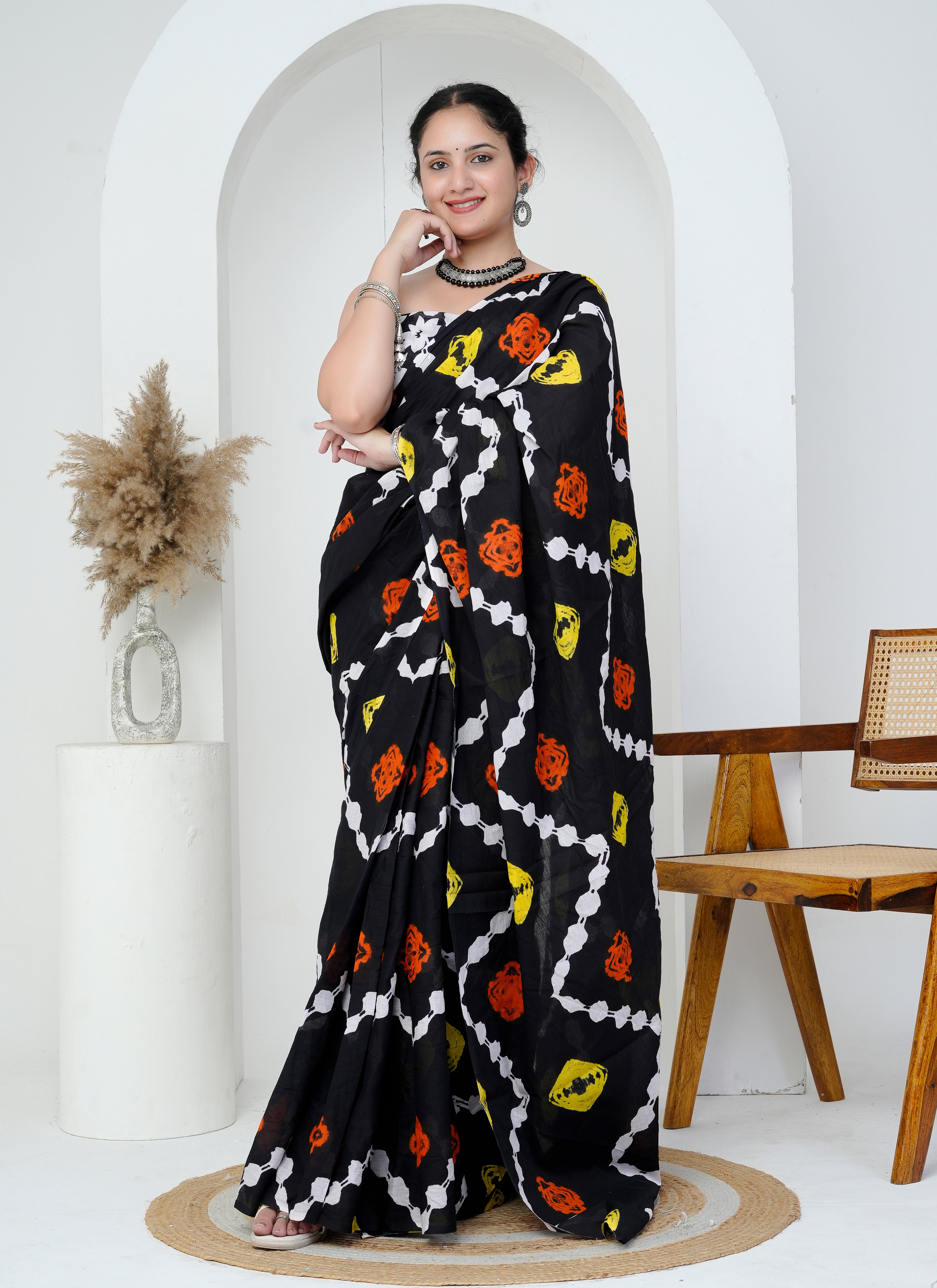 Black Multicolor Cotton Saree