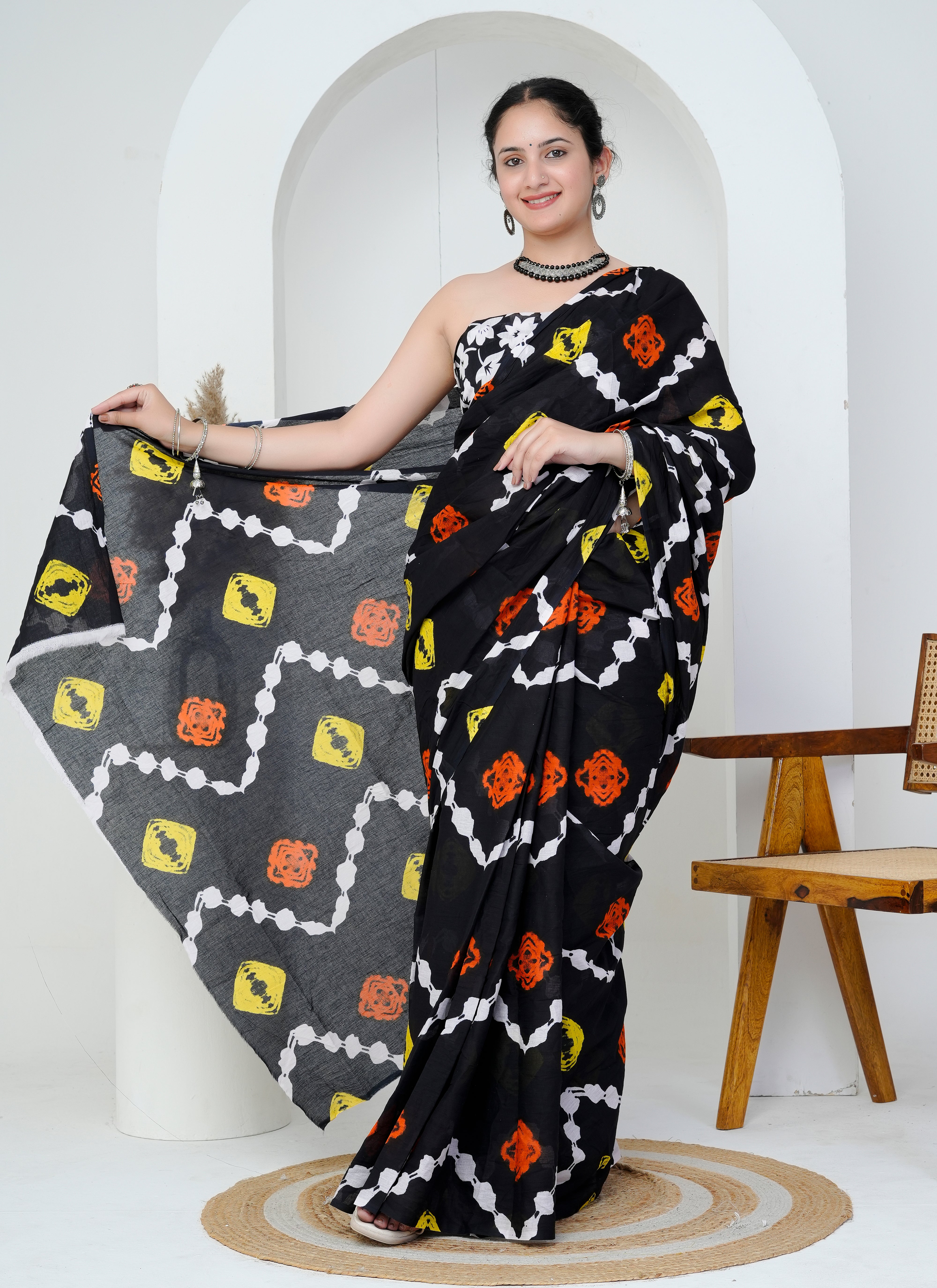 Black Multicolor Cotton Saree