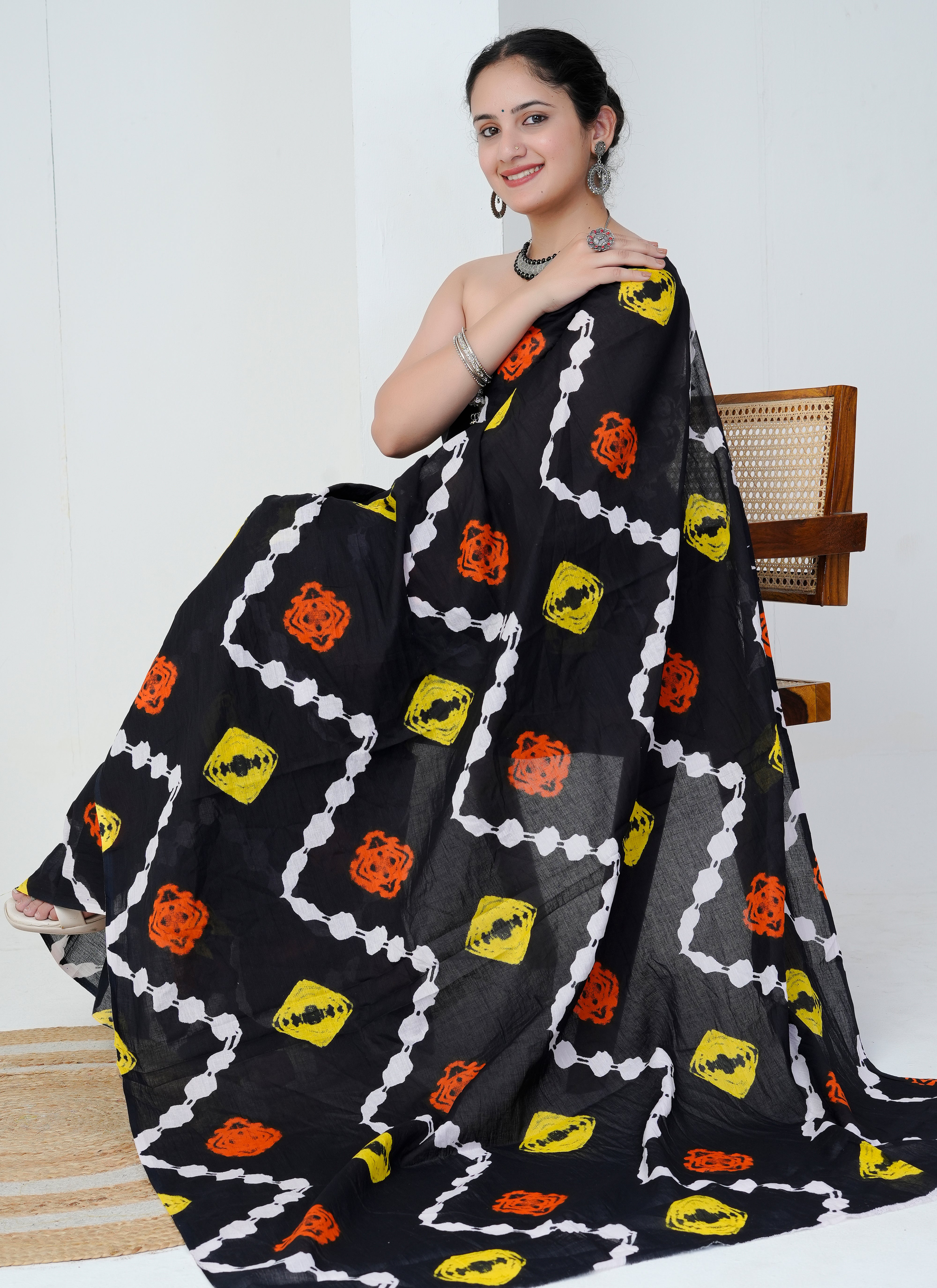 Black Multicolor Cotton Saree