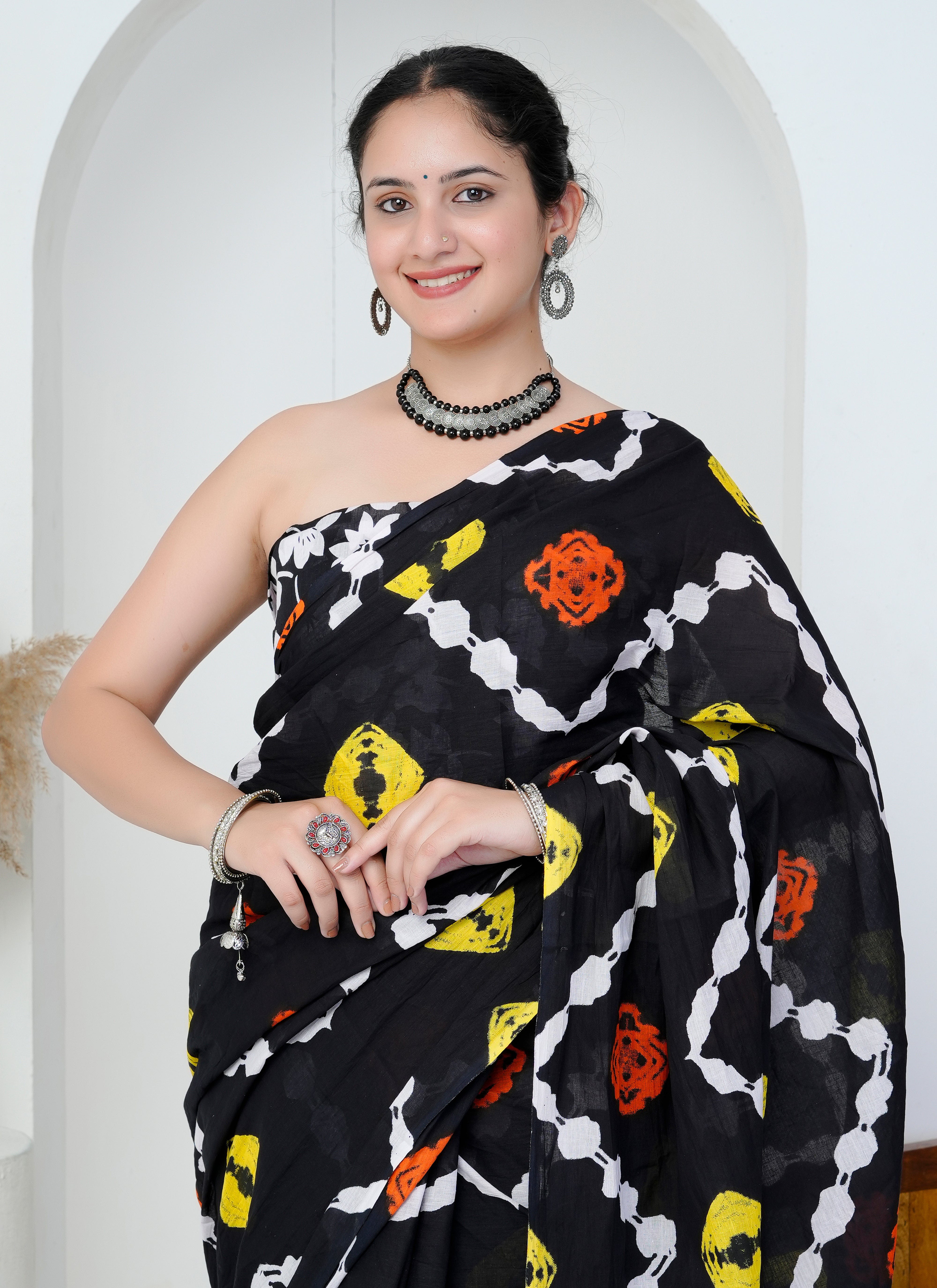 Black Multicolor Cotton Saree