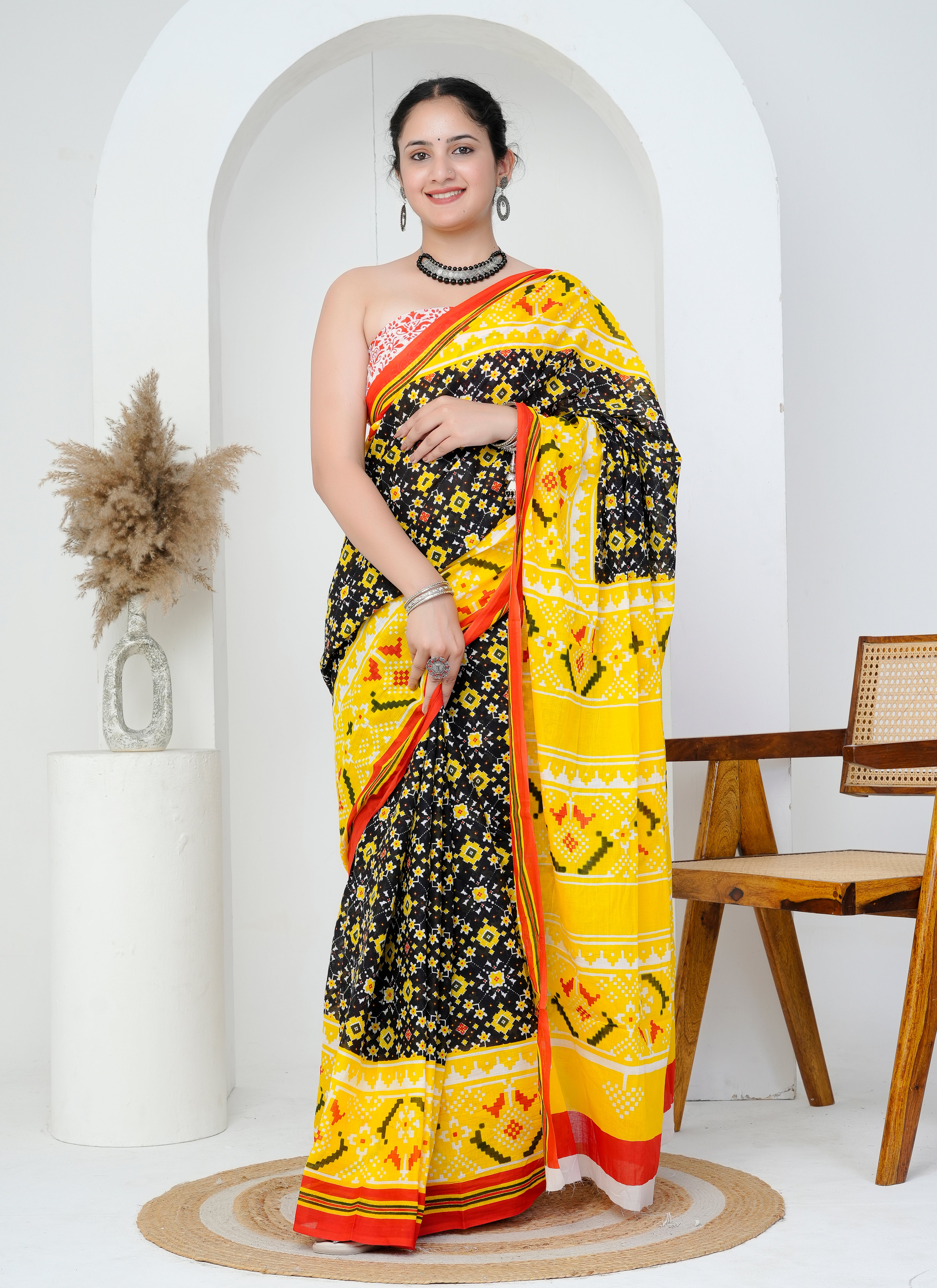 Black and Yellow Traditional Motif Hand Block Printed Cotton Saree