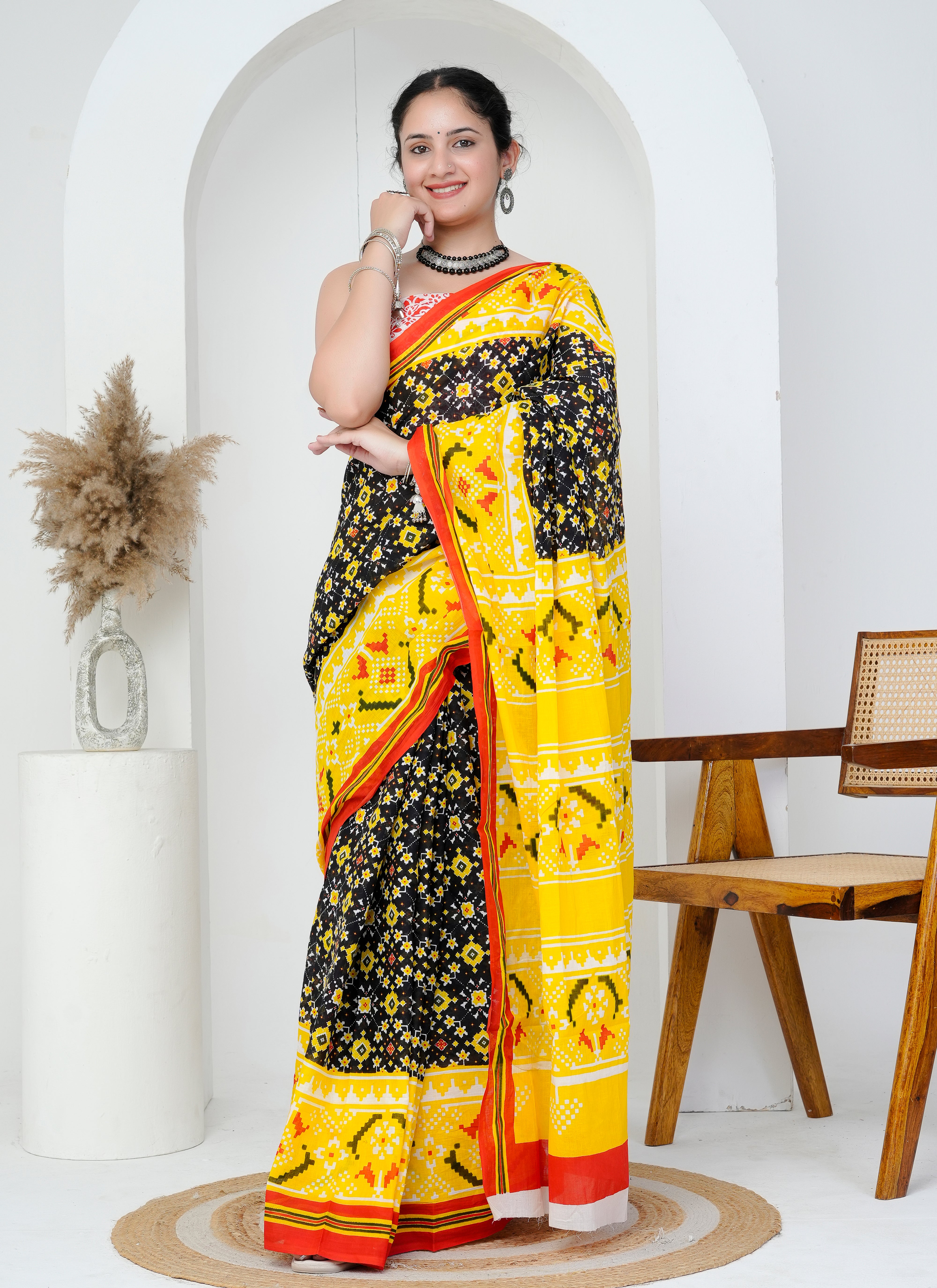 Black and Yellow Traditional Motif Hand Block Printed Cotton Saree