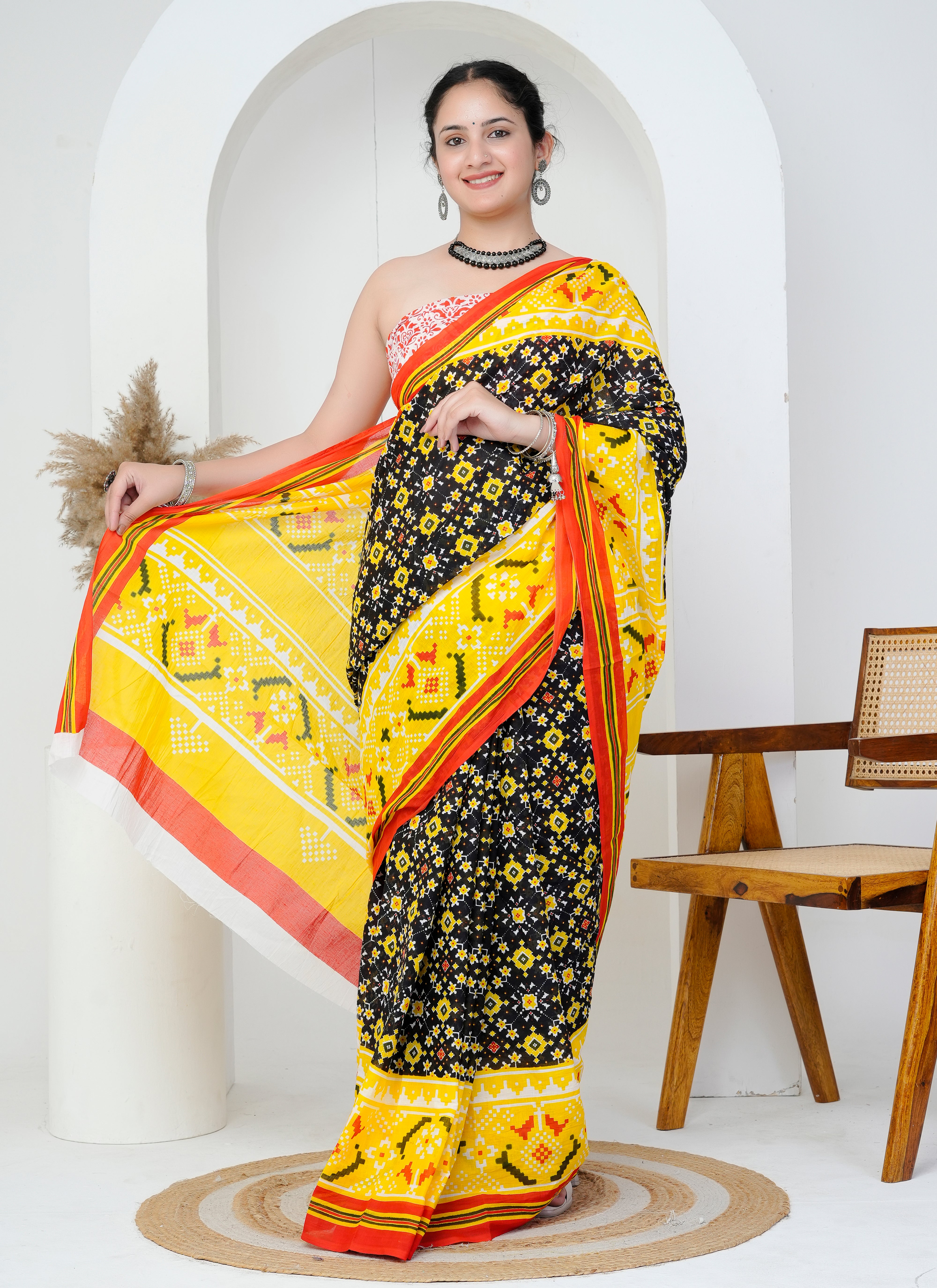 Black and Yellow Traditional Motif Hand Block Printed Cotton Saree