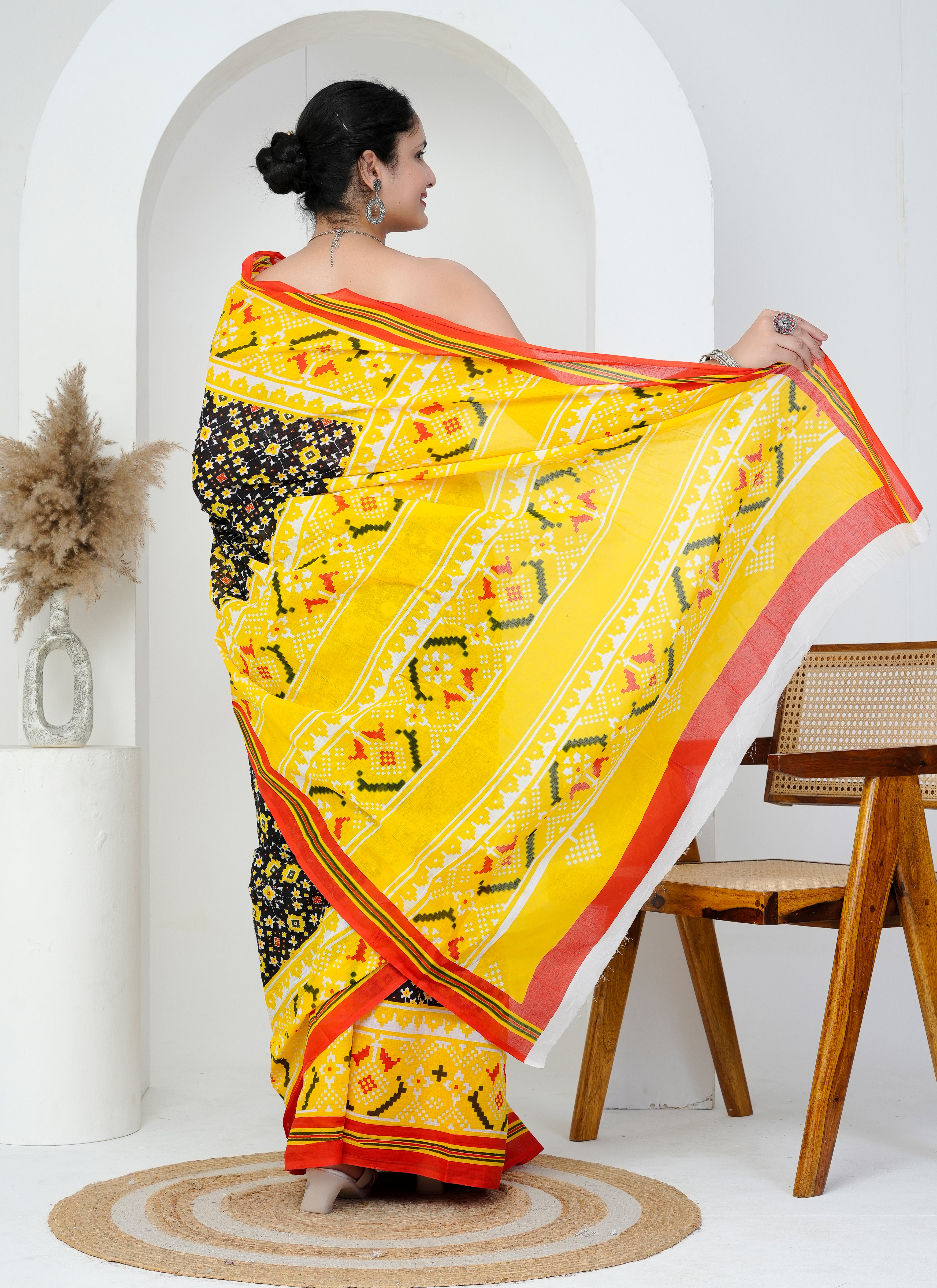Black and Yellow Traditional Motif Hand Block Printed Cotton Saree