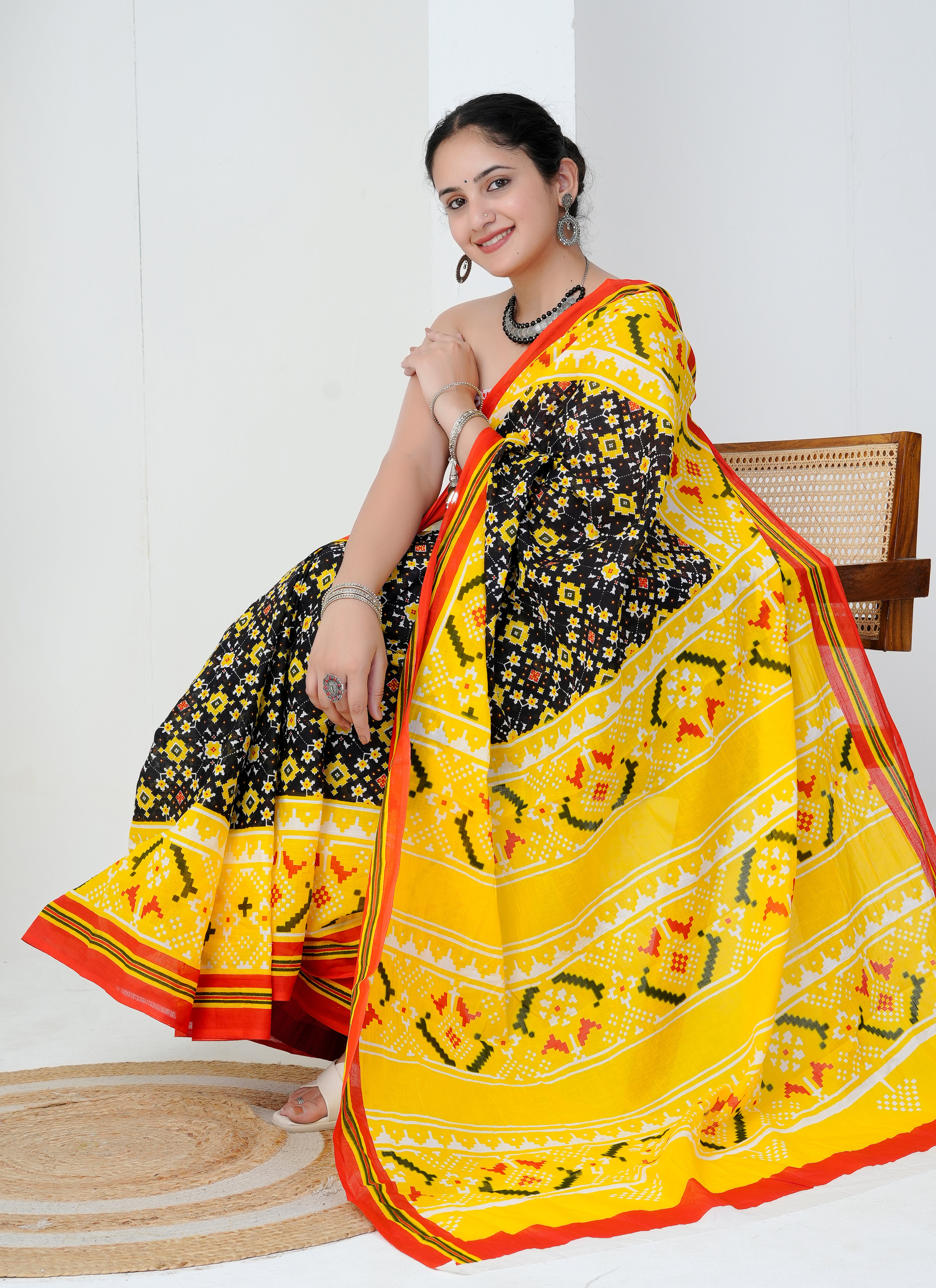 Black and Yellow Traditional Motif Hand Block Printed Cotton Saree