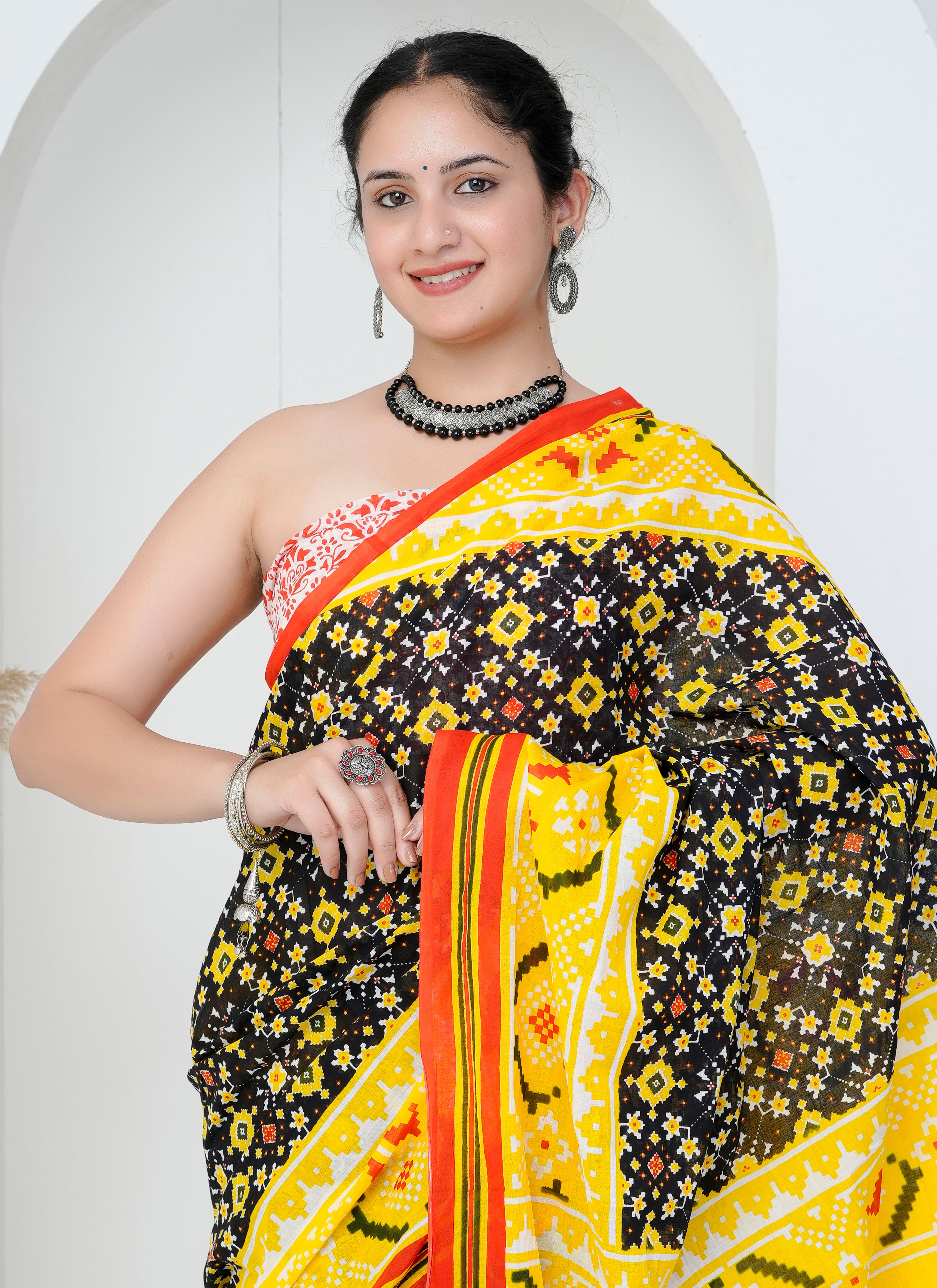 Black and Yellow Traditional Motif Hand Block Printed Cotton Saree