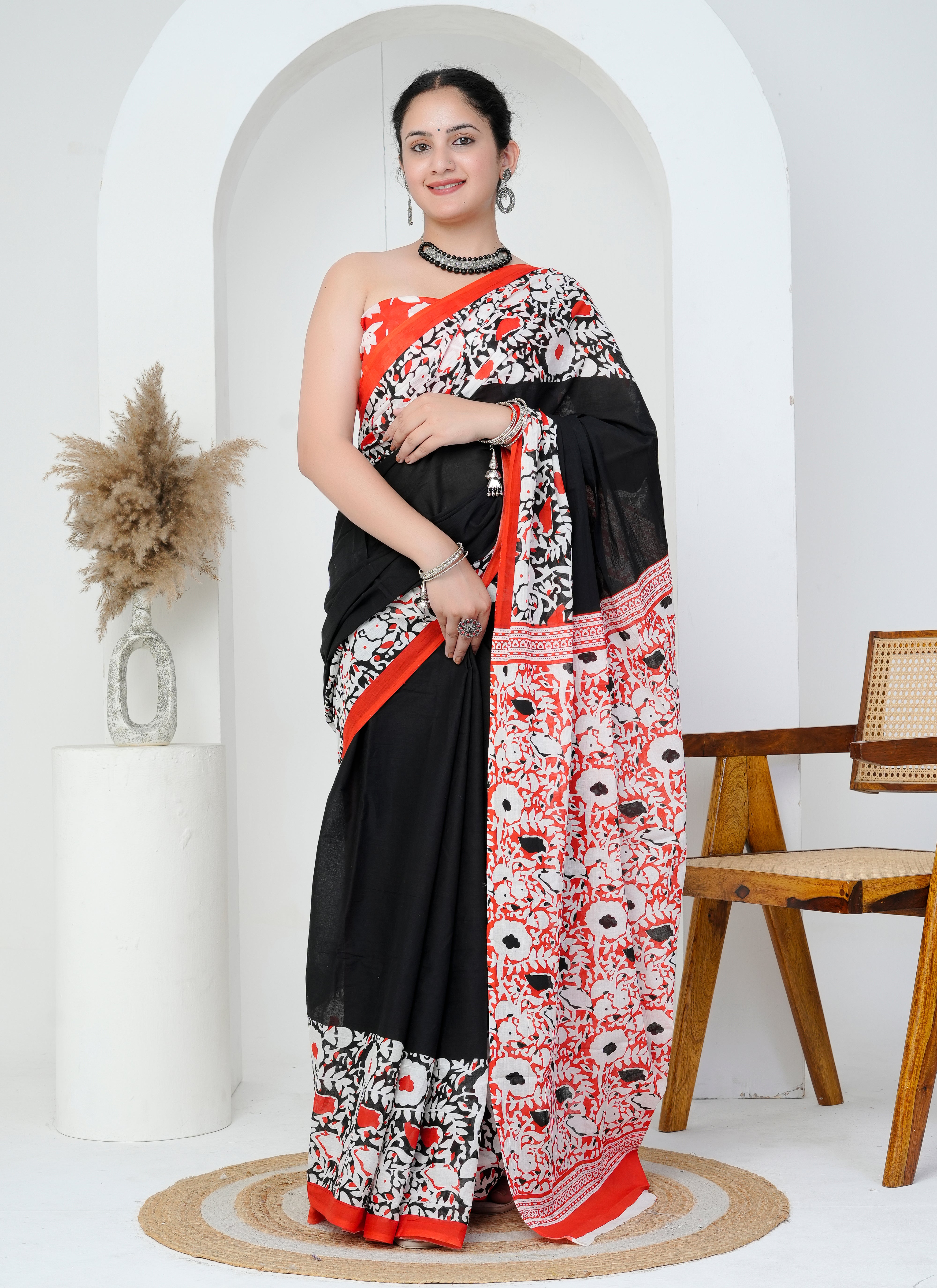 Black and Red Floral Hand Block Printed Cotton Saree