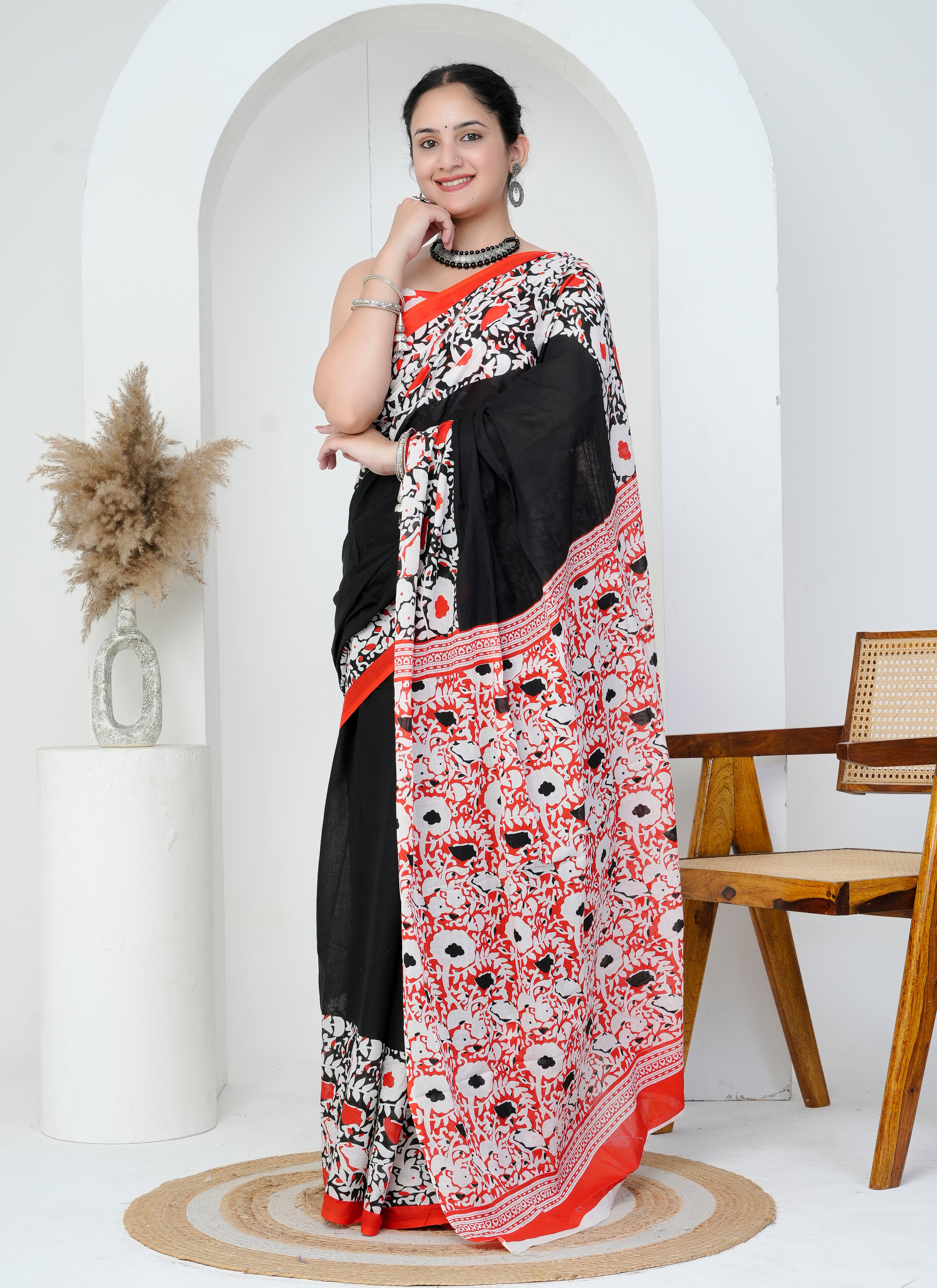Black and Red Floral Hand Block Printed Cotton Saree