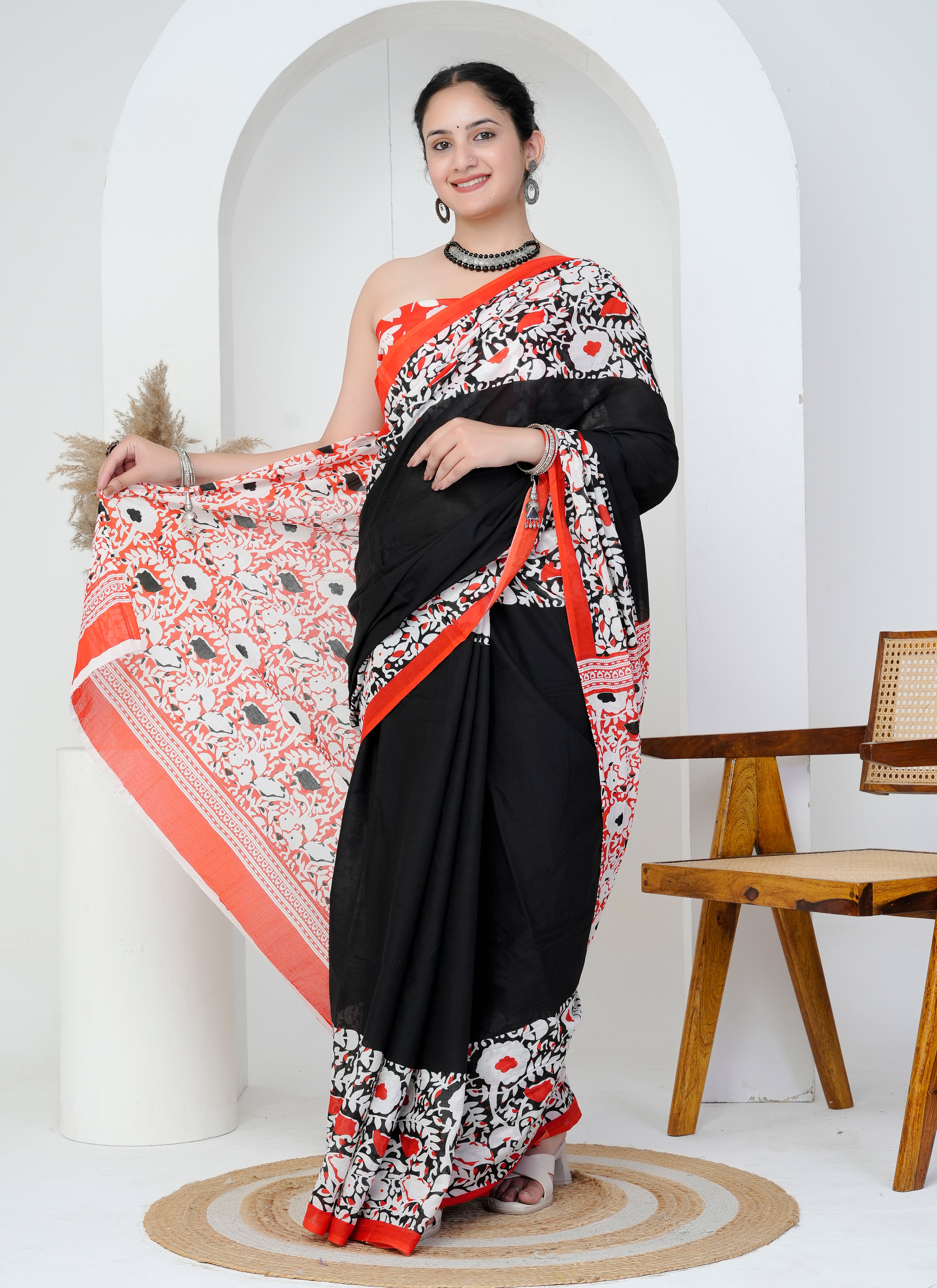Black and Red Floral Hand Block Printed Cotton Saree