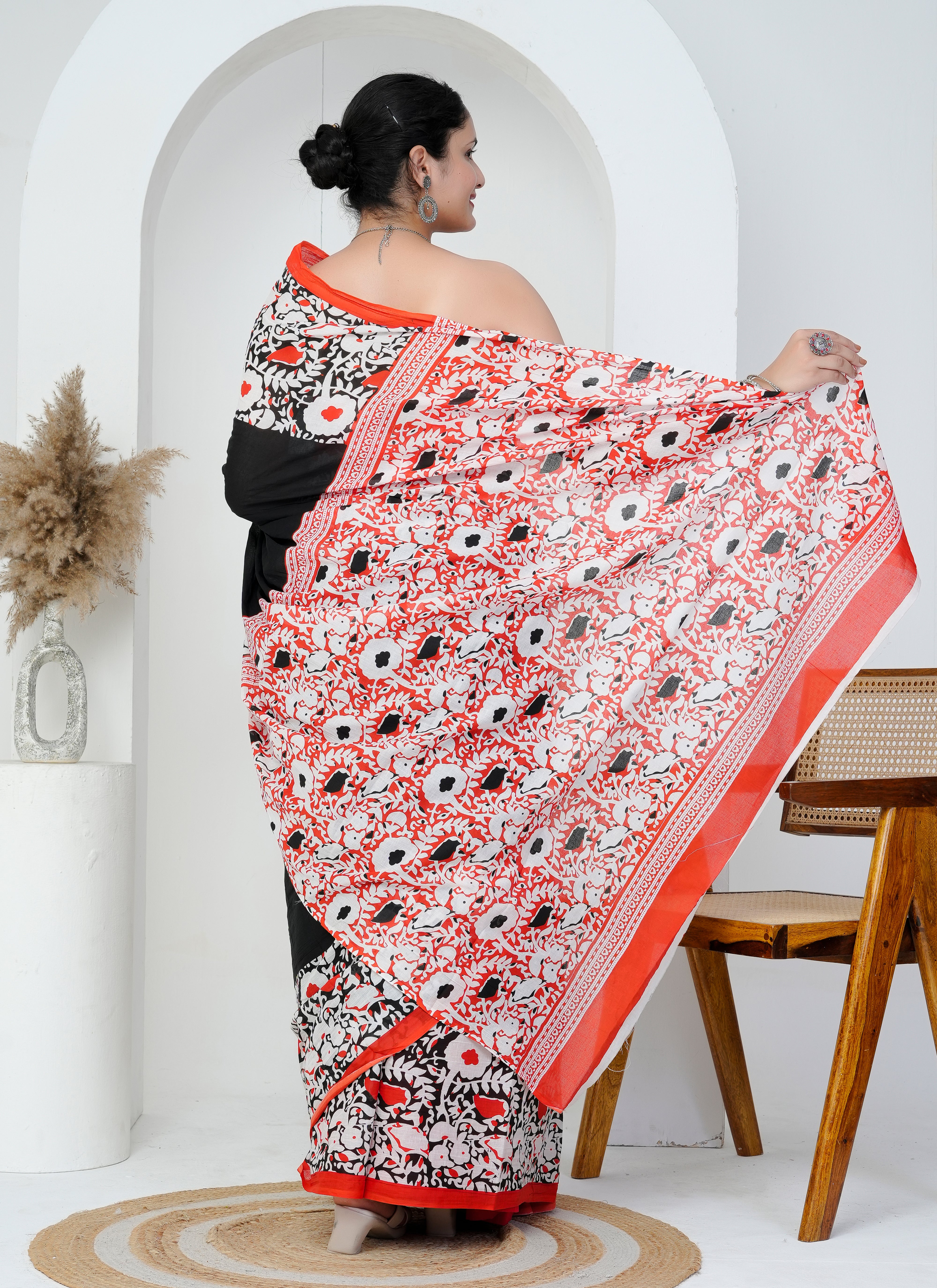 Black and Red Floral Hand Block Printed Cotton Saree