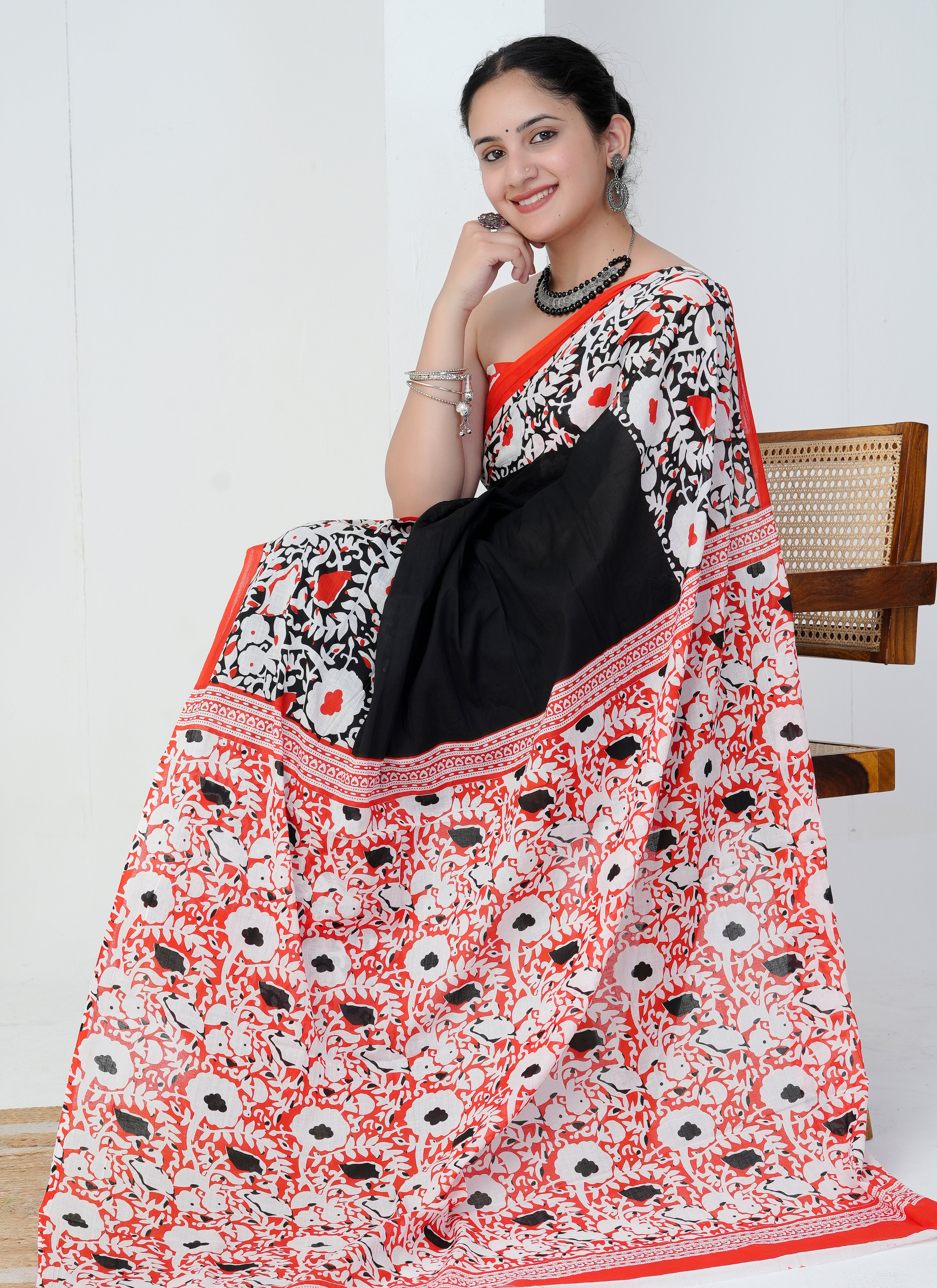 Black and Red Floral Hand Block Printed Cotton Saree