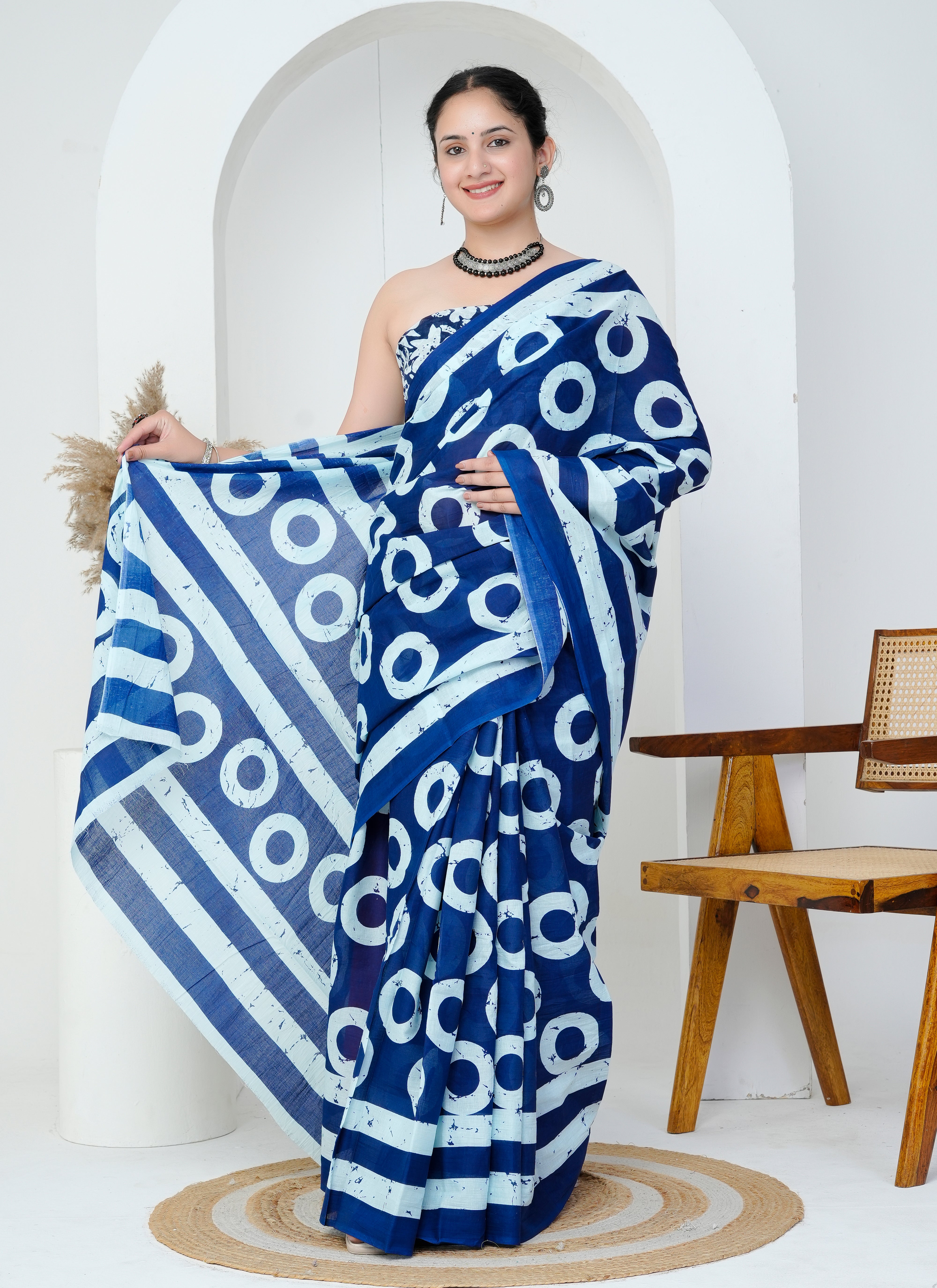 Indigo Blue and White Circle Print Hand Block Cotton Saree