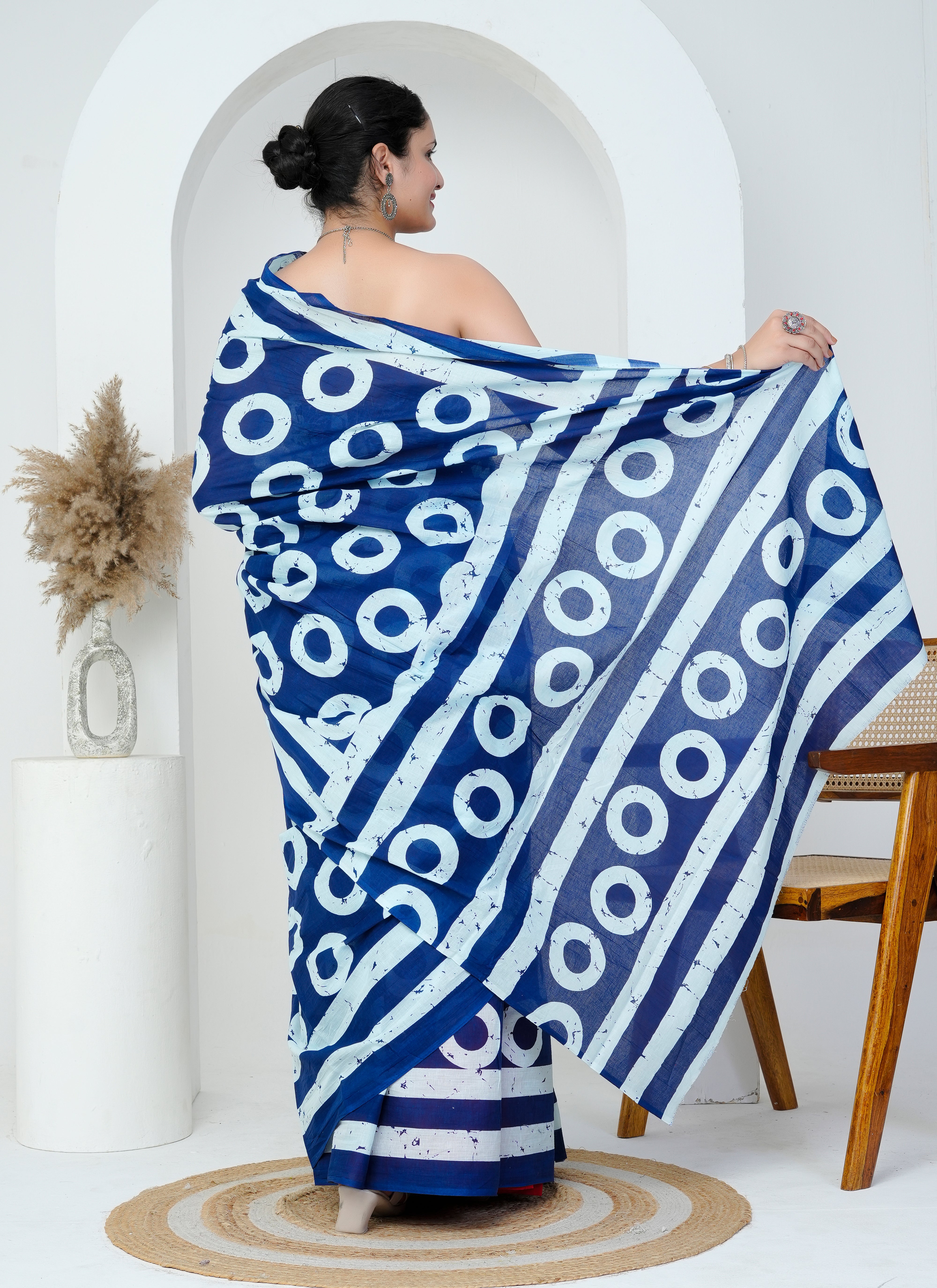 Indigo Blue and White Circle Print Hand Block Cotton Saree