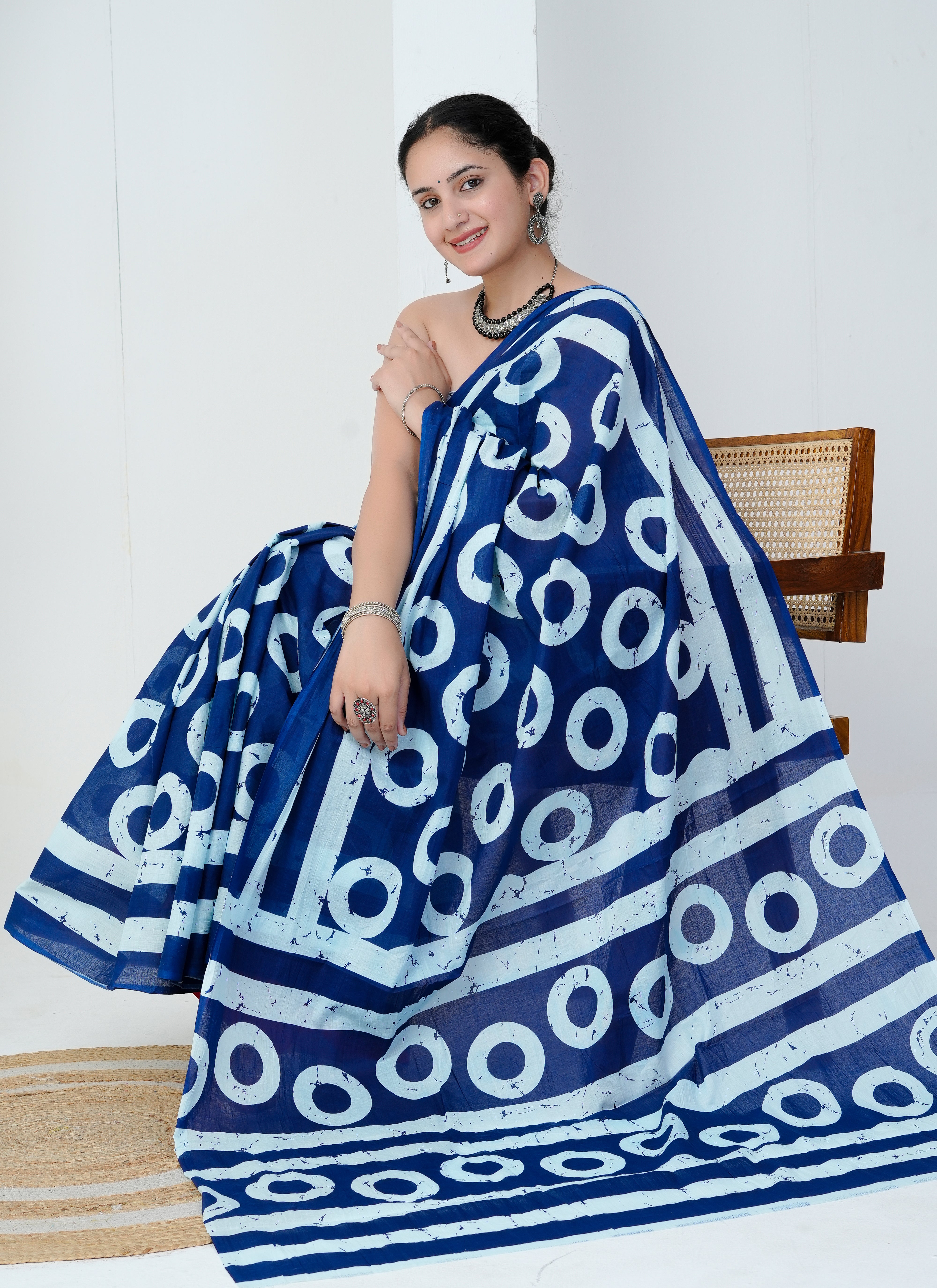 Indigo Blue and White Circle Print Hand Block Cotton Saree
