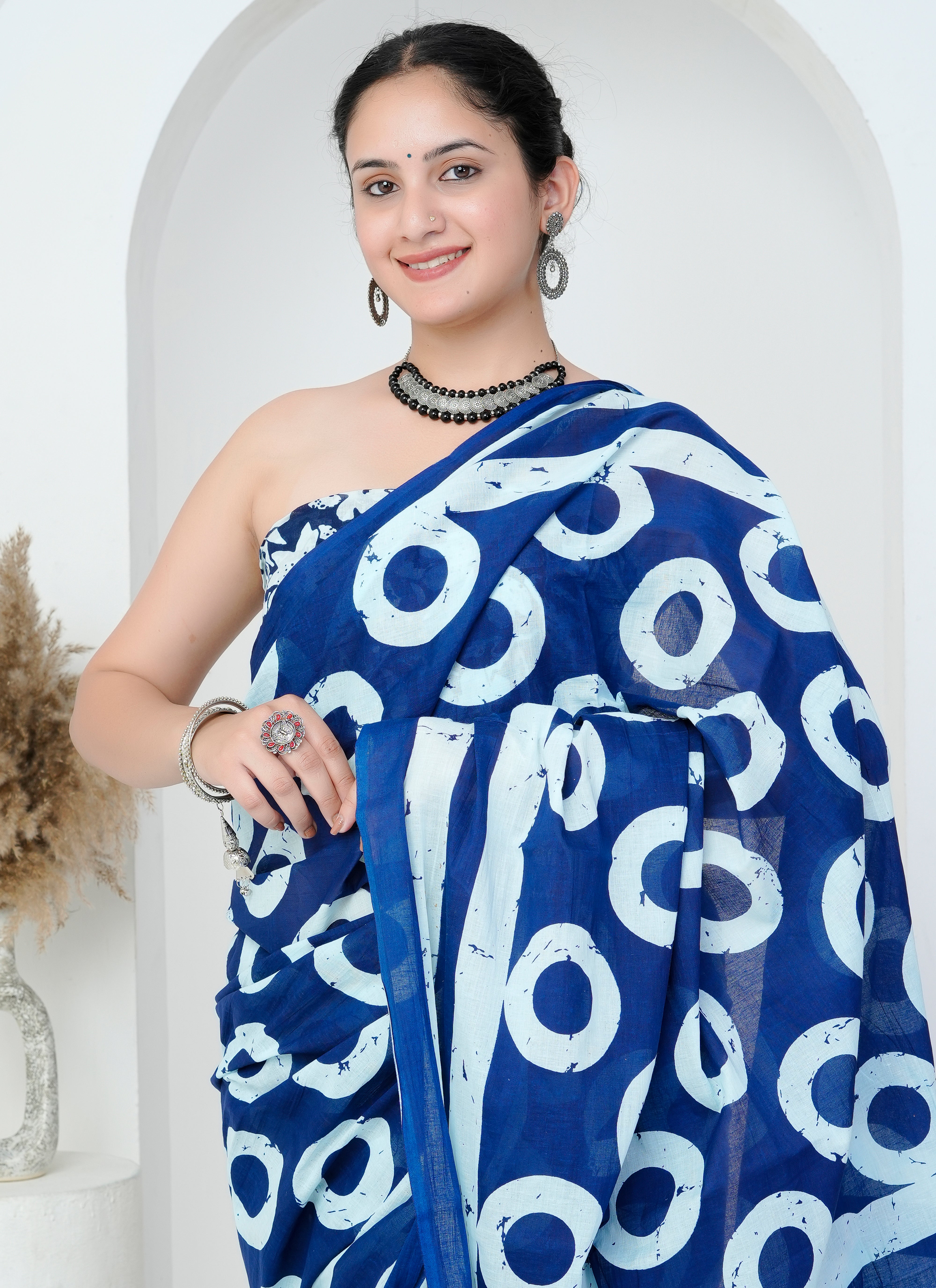 Indigo Blue and White Circle Print Hand Block Cotton Saree