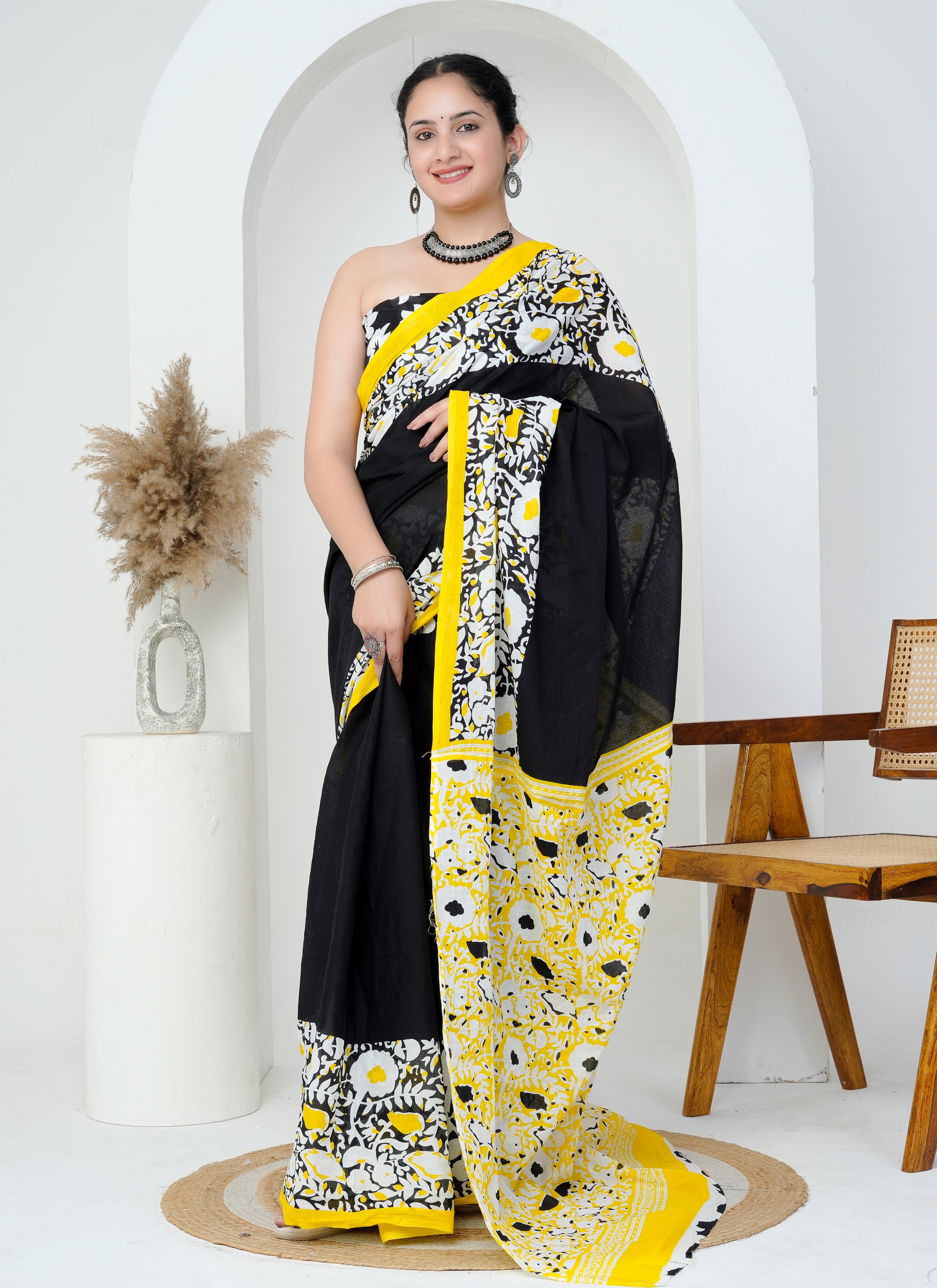 Black and Yellow Hand Printed Cotton Saree