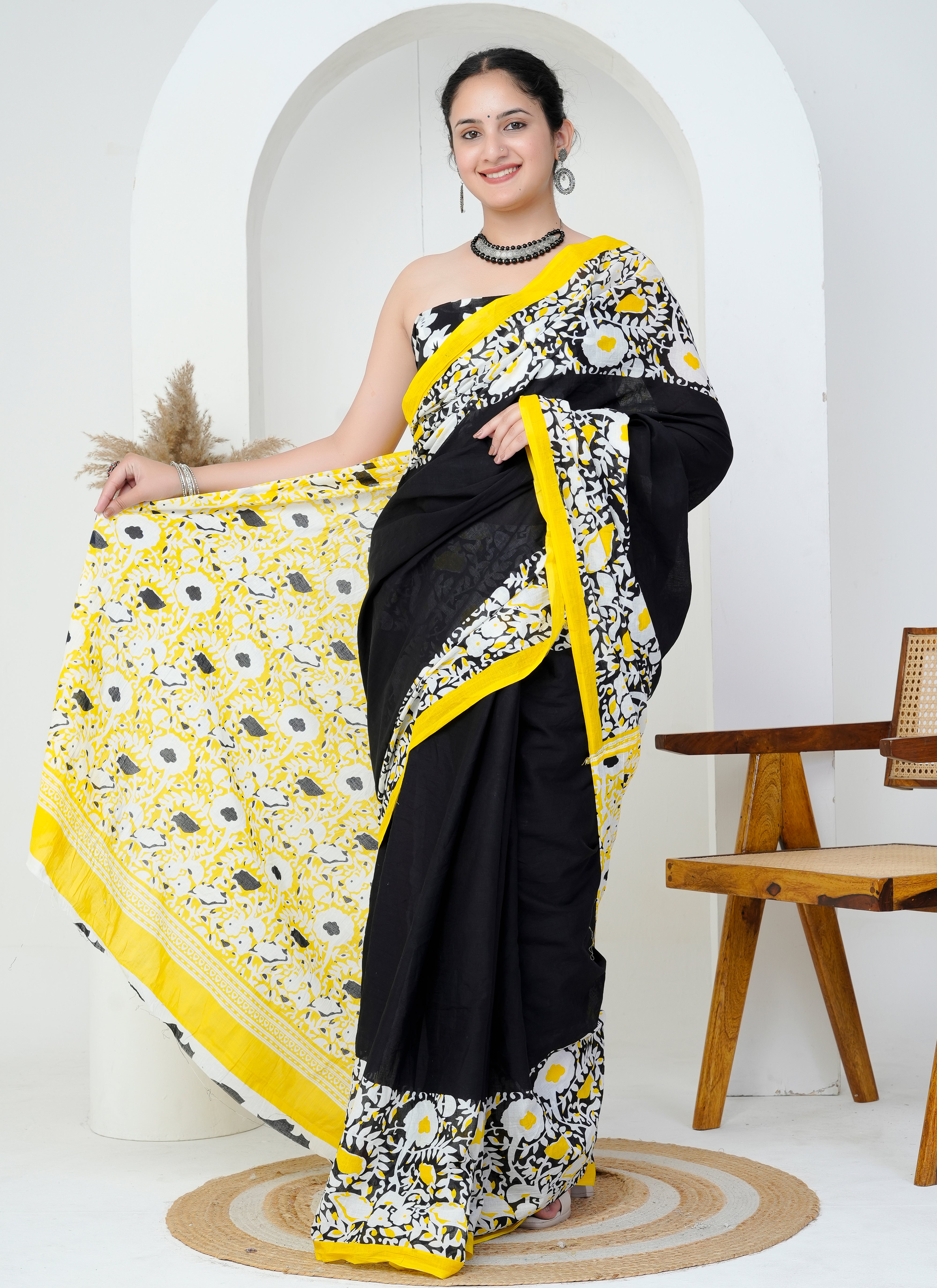 Black and Yellow Daisy Bloom Hand Block Printed Cotton Saree