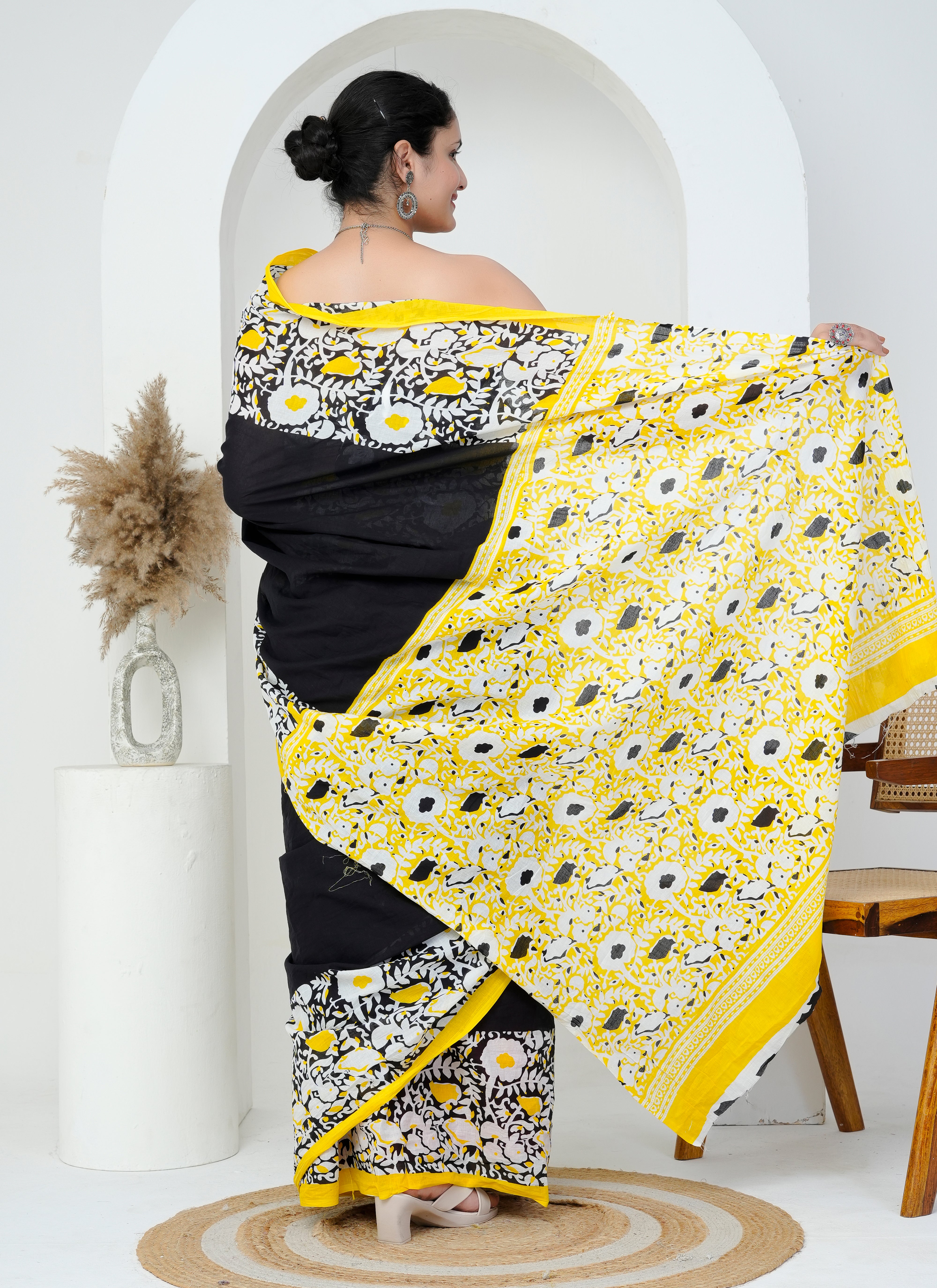 Black and Yellow Hand Printed Cotton Saree