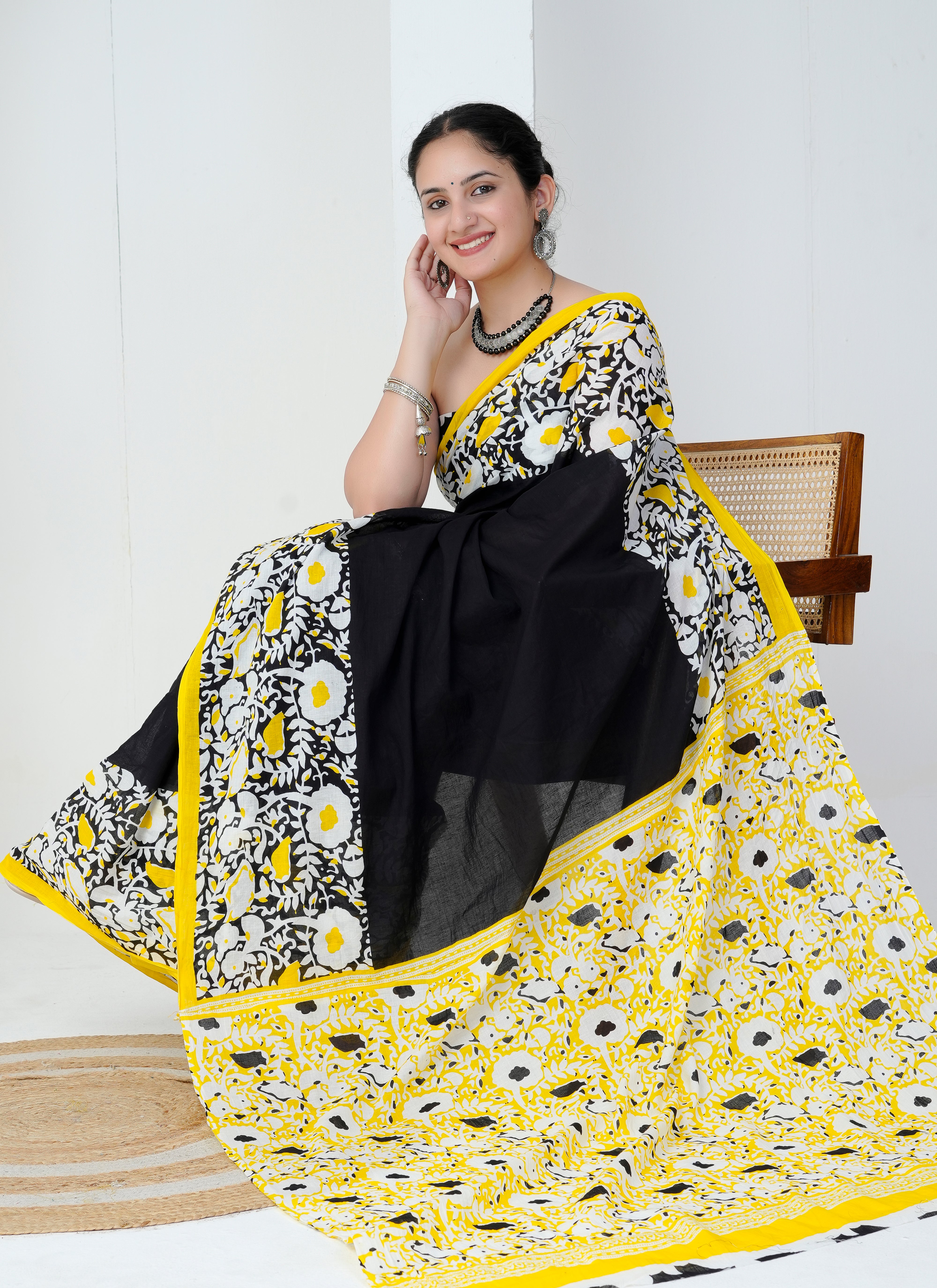 Black and Yellow Hand Printed Cotton Saree