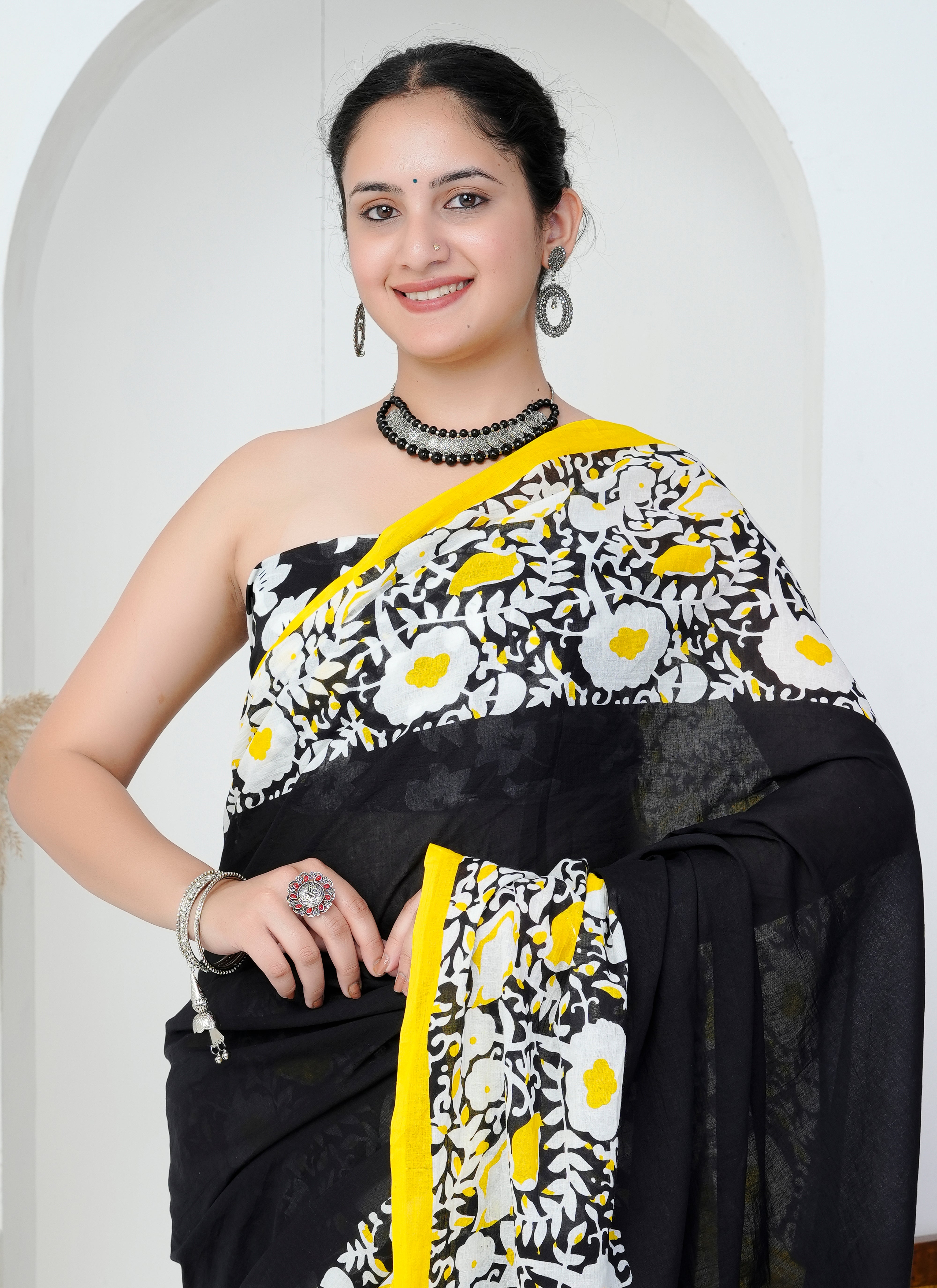 Black and Yellow Hand Printed Cotton Saree