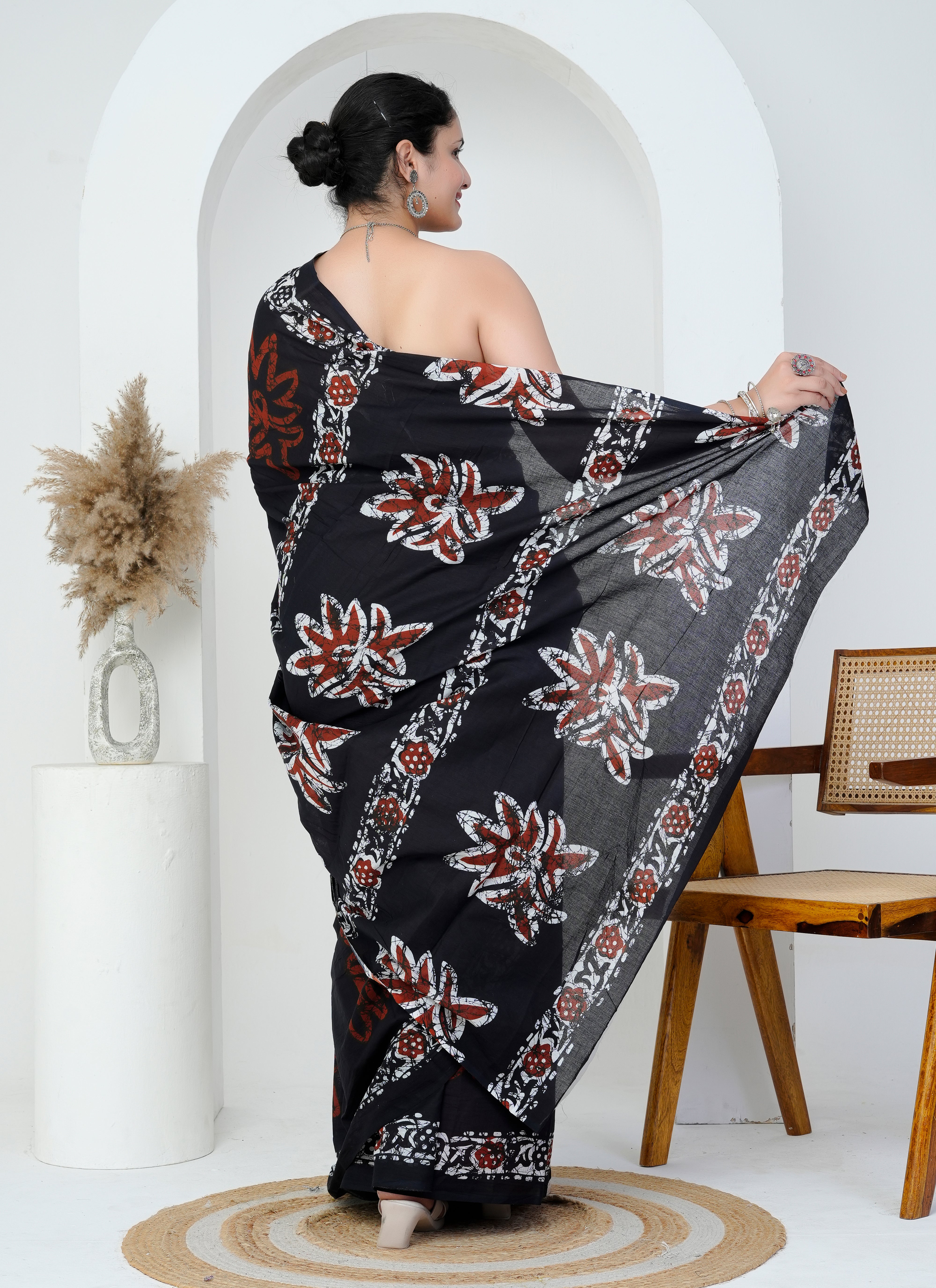 Black and Rust Red Floral Cotton Saree