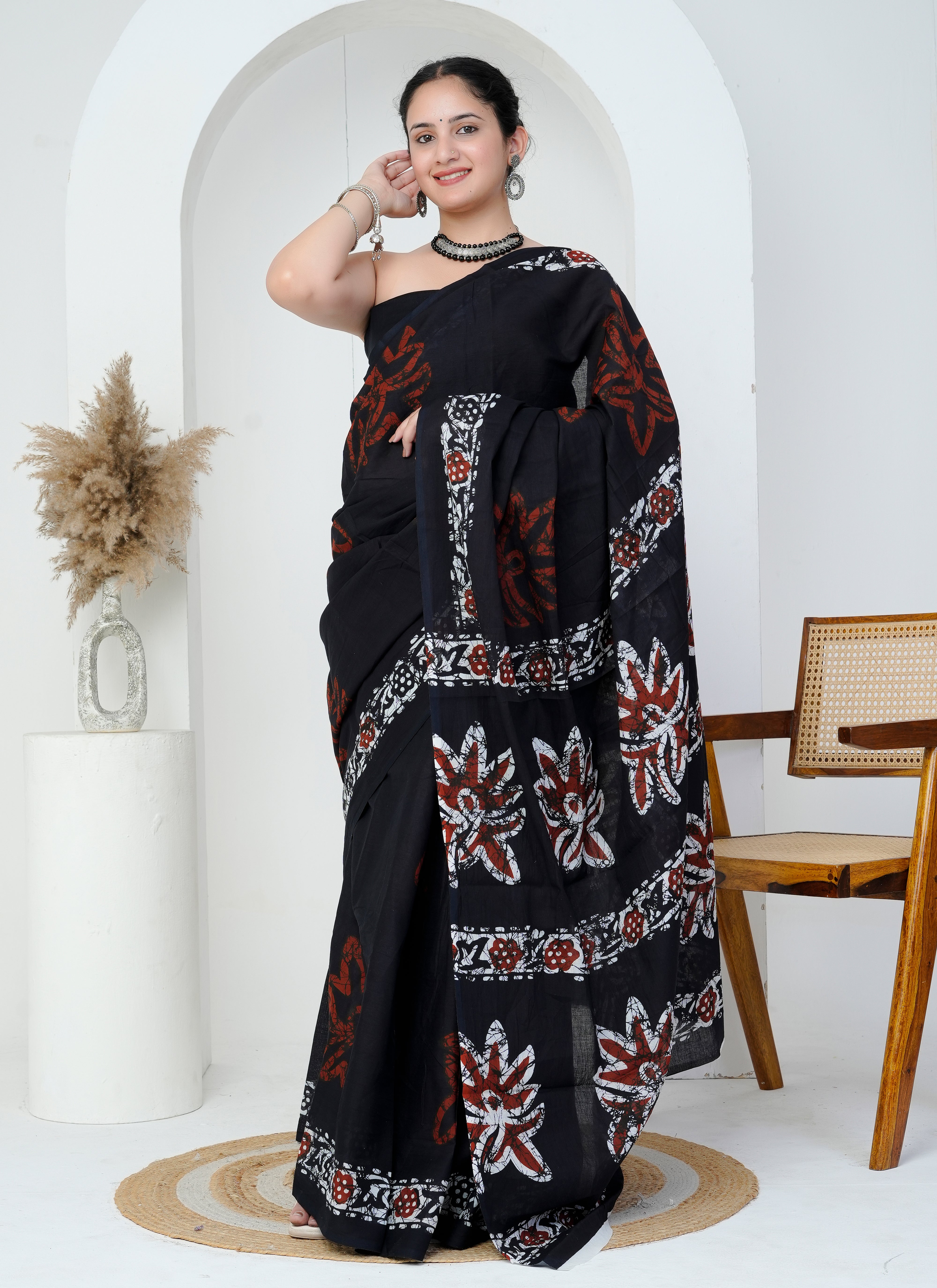 Black and Rust Red Floral Cotton Saree