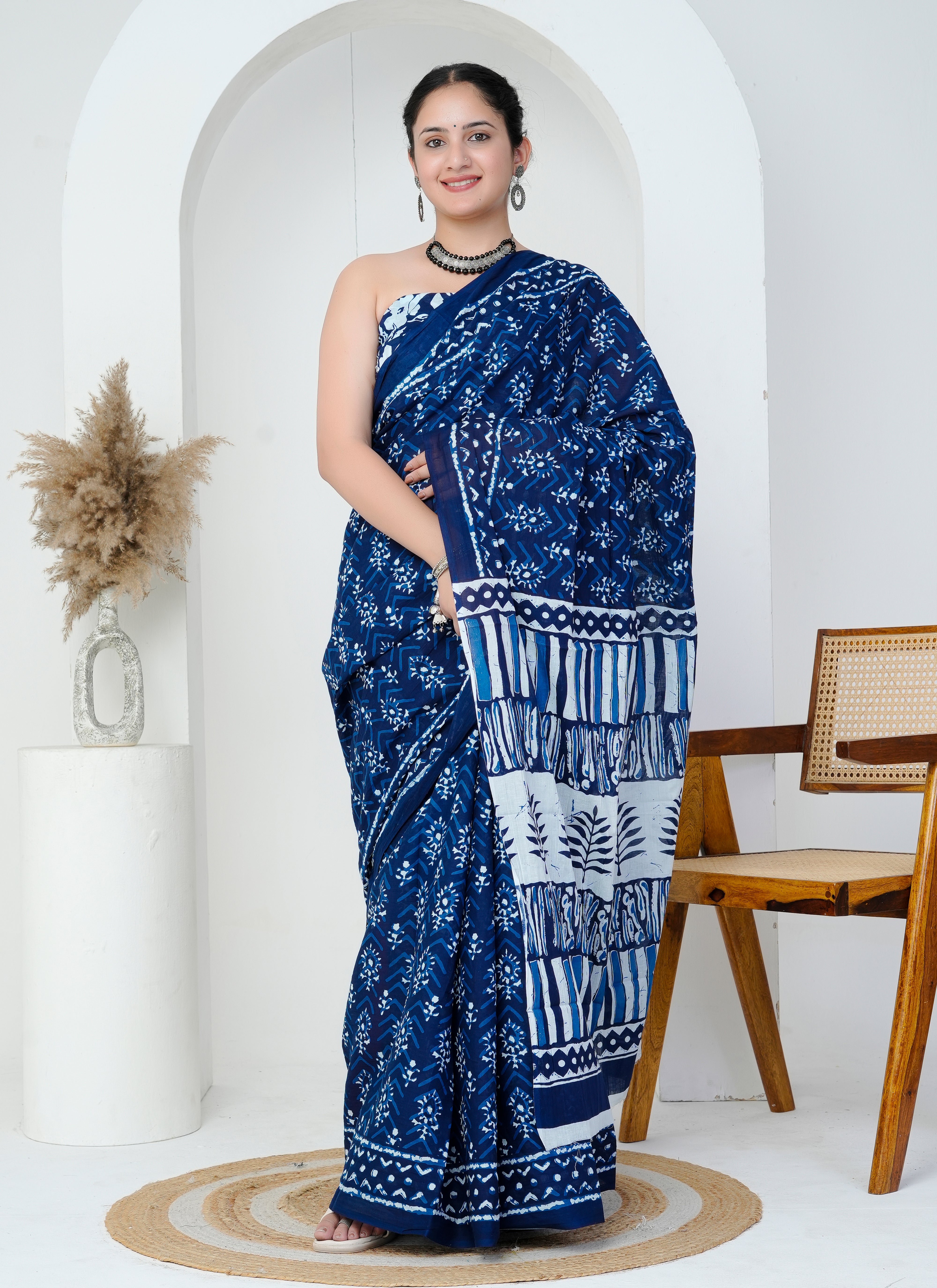 Indigo Blue Leafy Chevron Hand Block Printed Cotton Saree