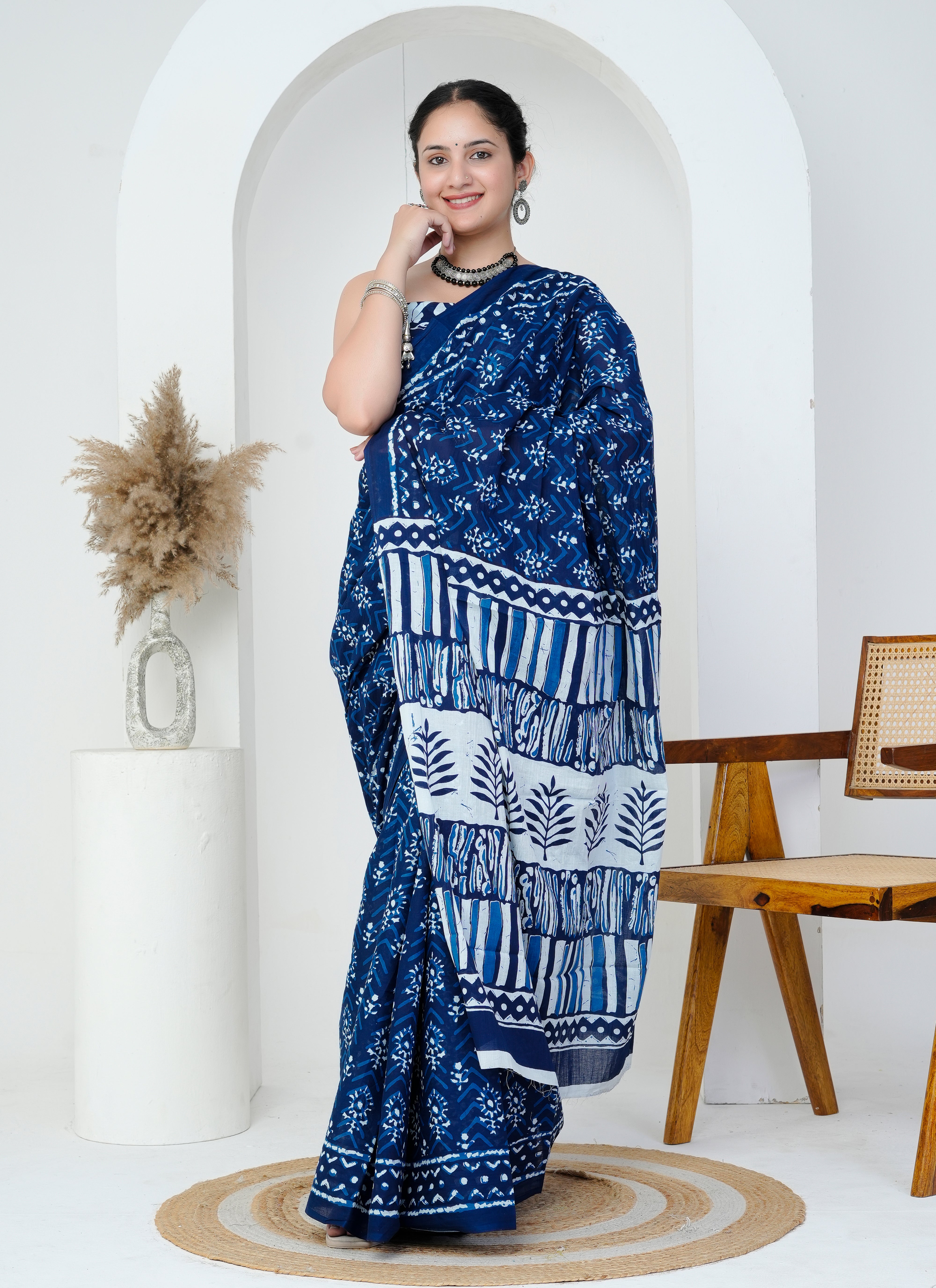 Indigo Blue Leafy Chevron Hand Block Printed Cotton Saree