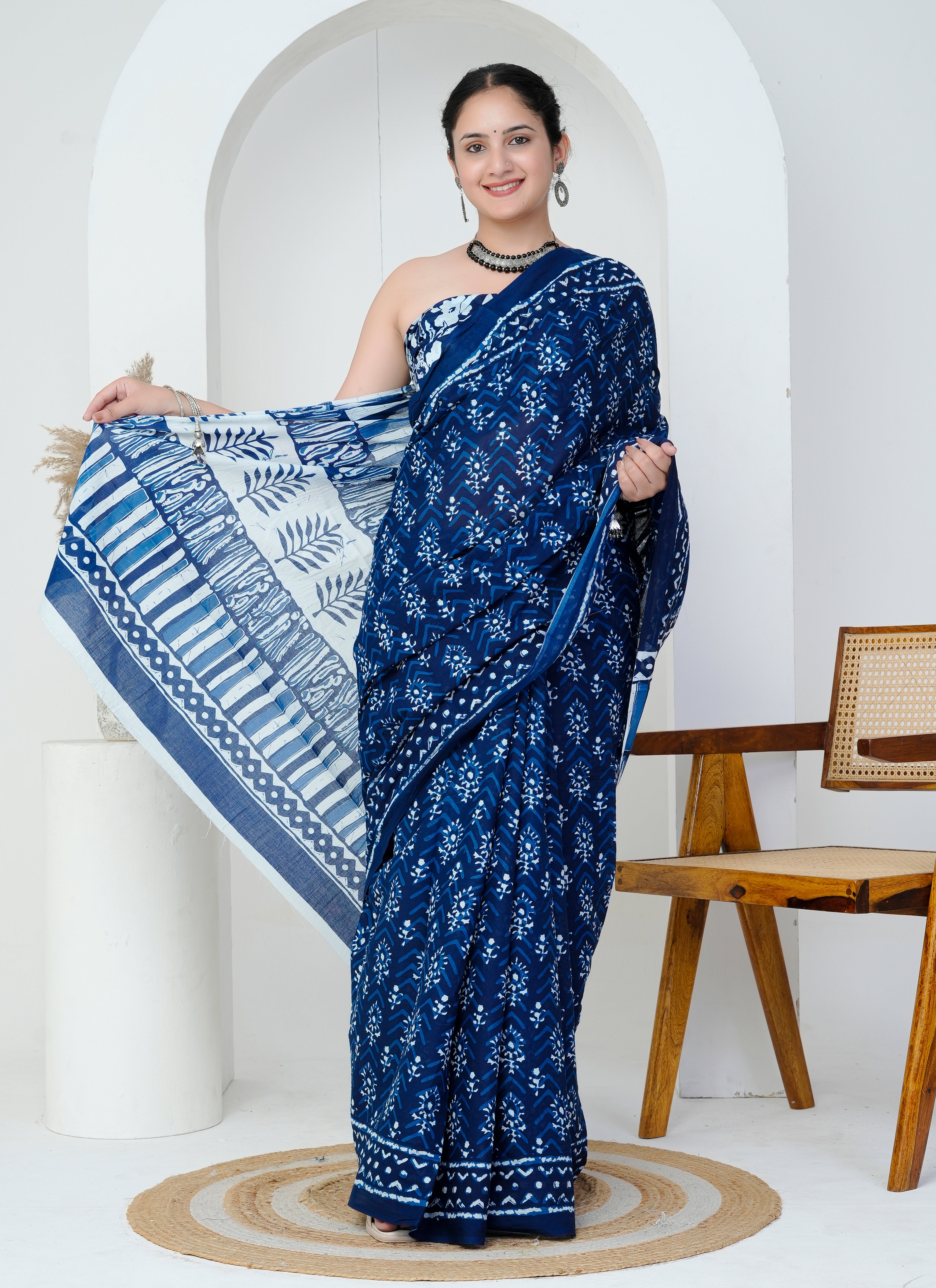 Indigo Blue Leafy Chevron Hand Block Printed Cotton Saree