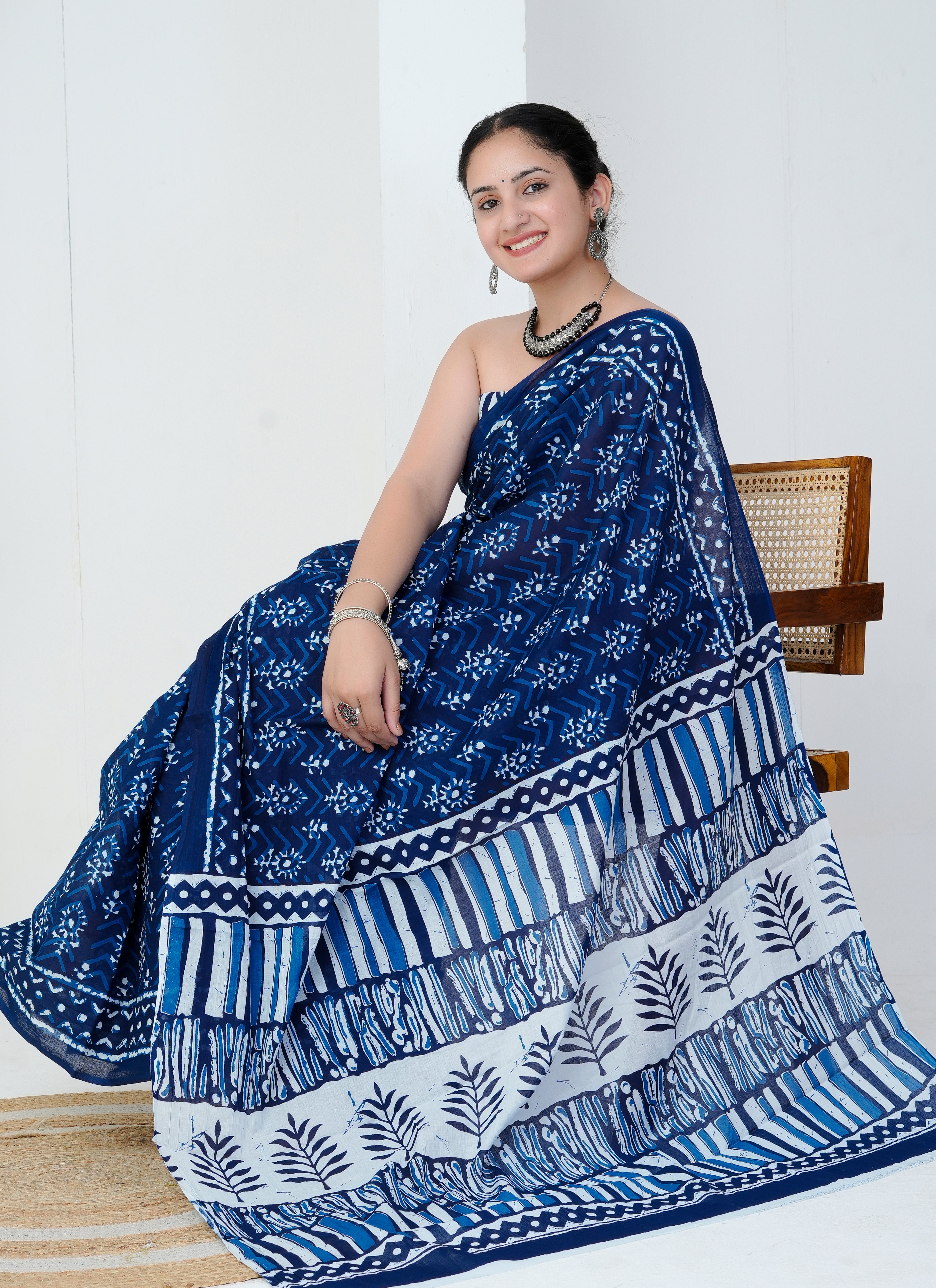 Indigo Blue Leafy Chevron Hand Block Printed Cotton Saree