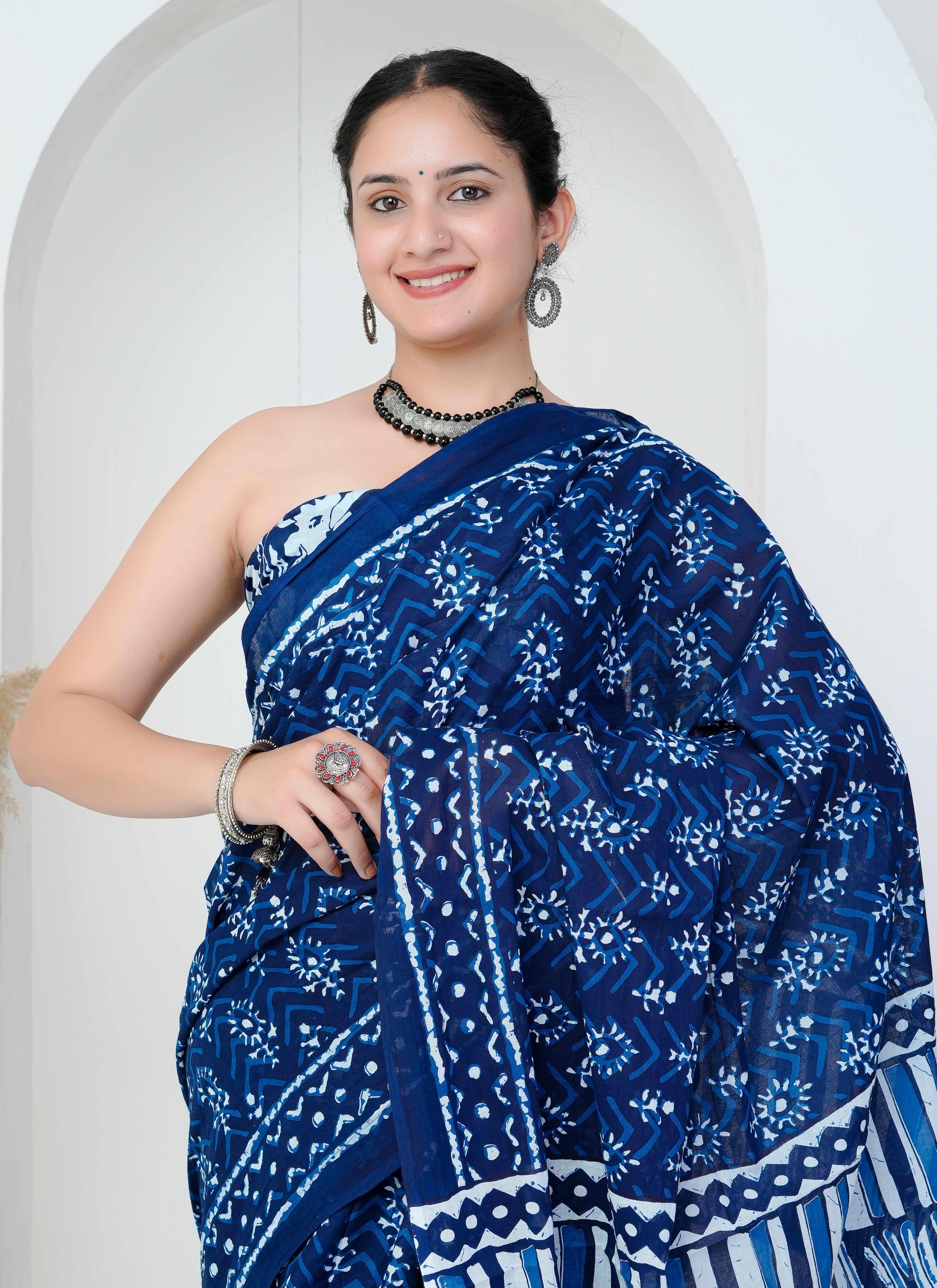 Indigo Blue Leafy Chevron Hand Block Printed Cotton Saree