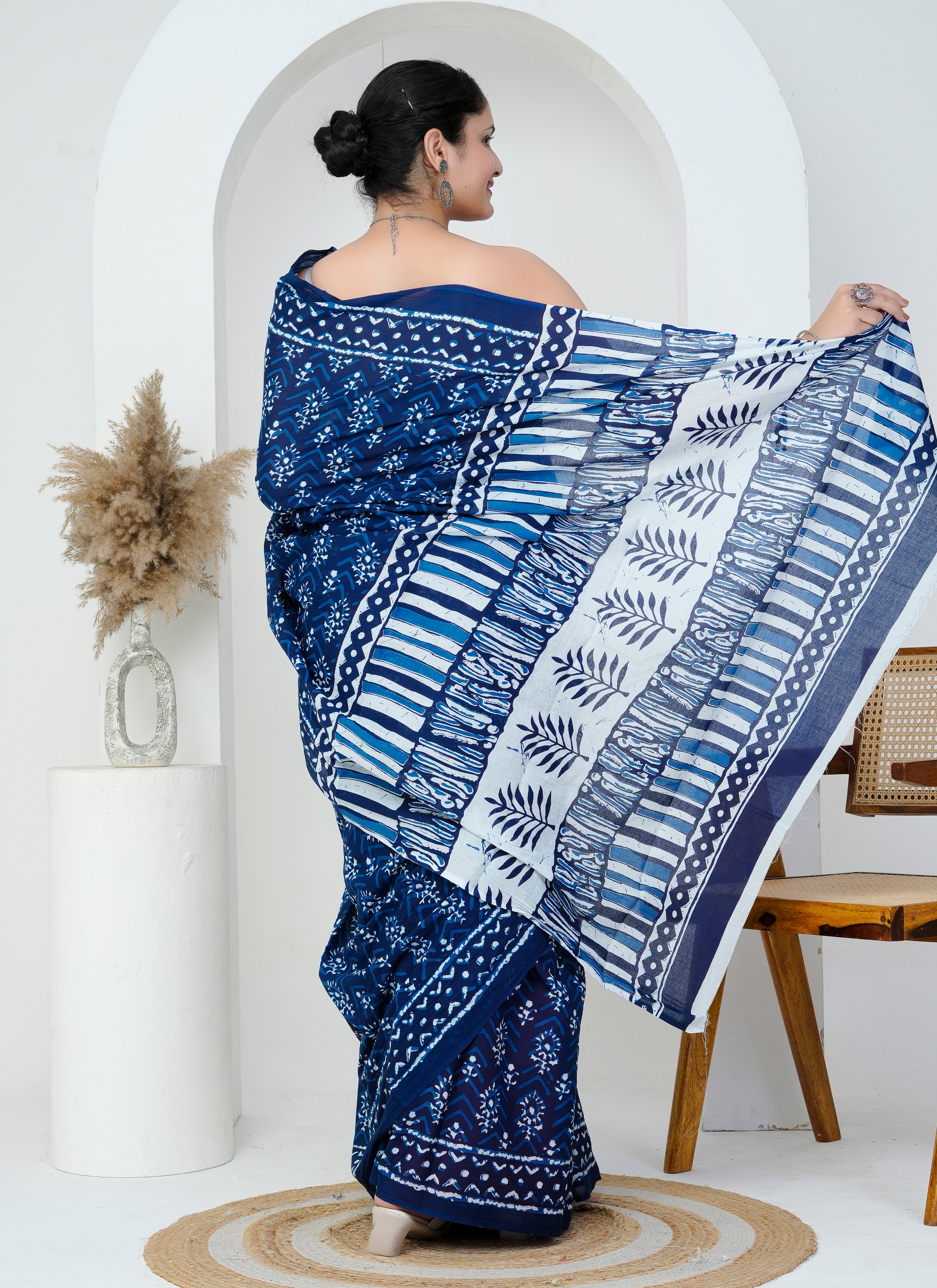 Indigo Blue Leafy Chevron Hand Block Printed Cotton Saree