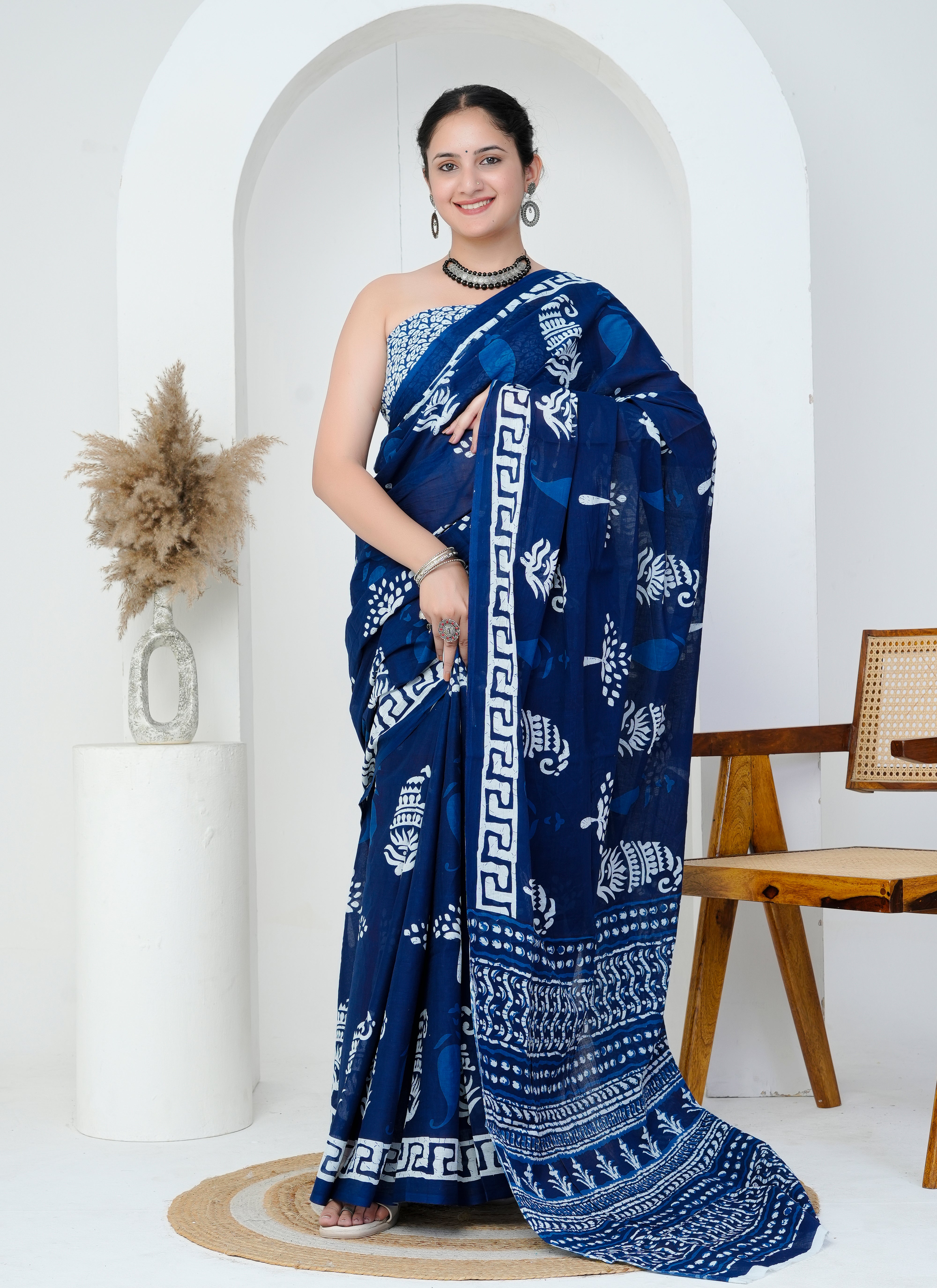 Indigo Blue Hand Block Printed Cotton Saree