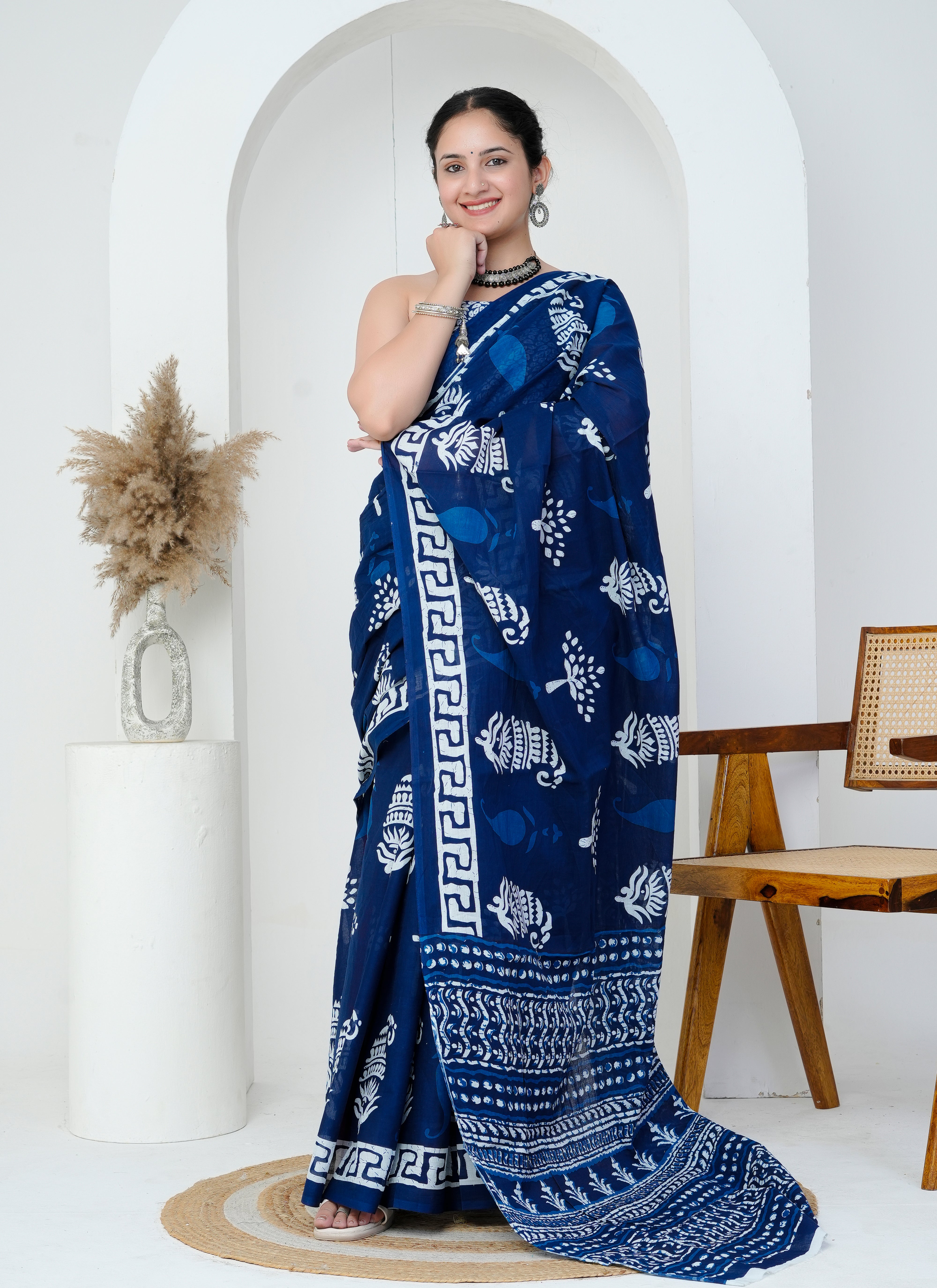 Indigo Blue Hand Block Printed Cotton Saree