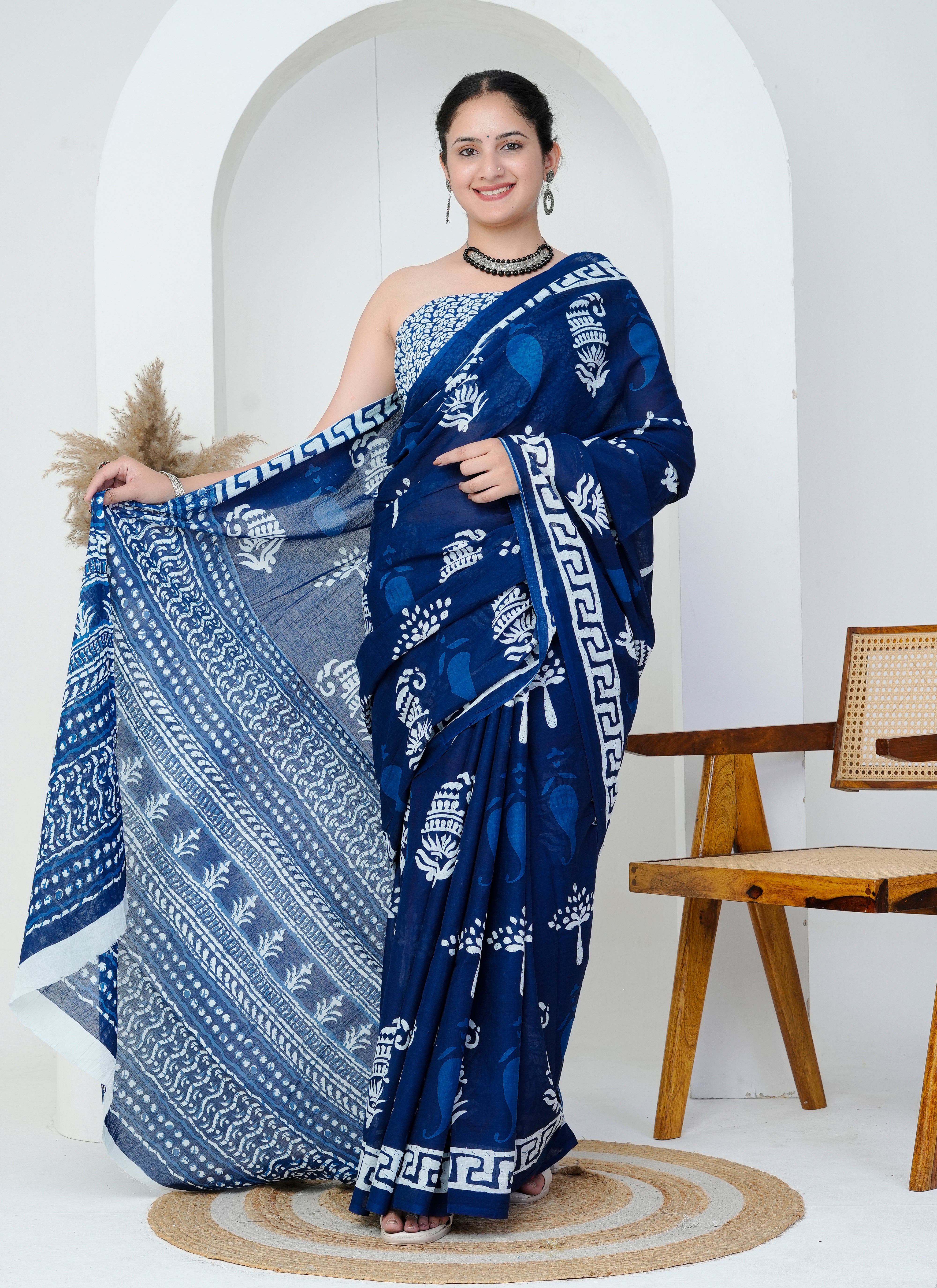 Indigo Blue Hand Block Printed Cotton Saree