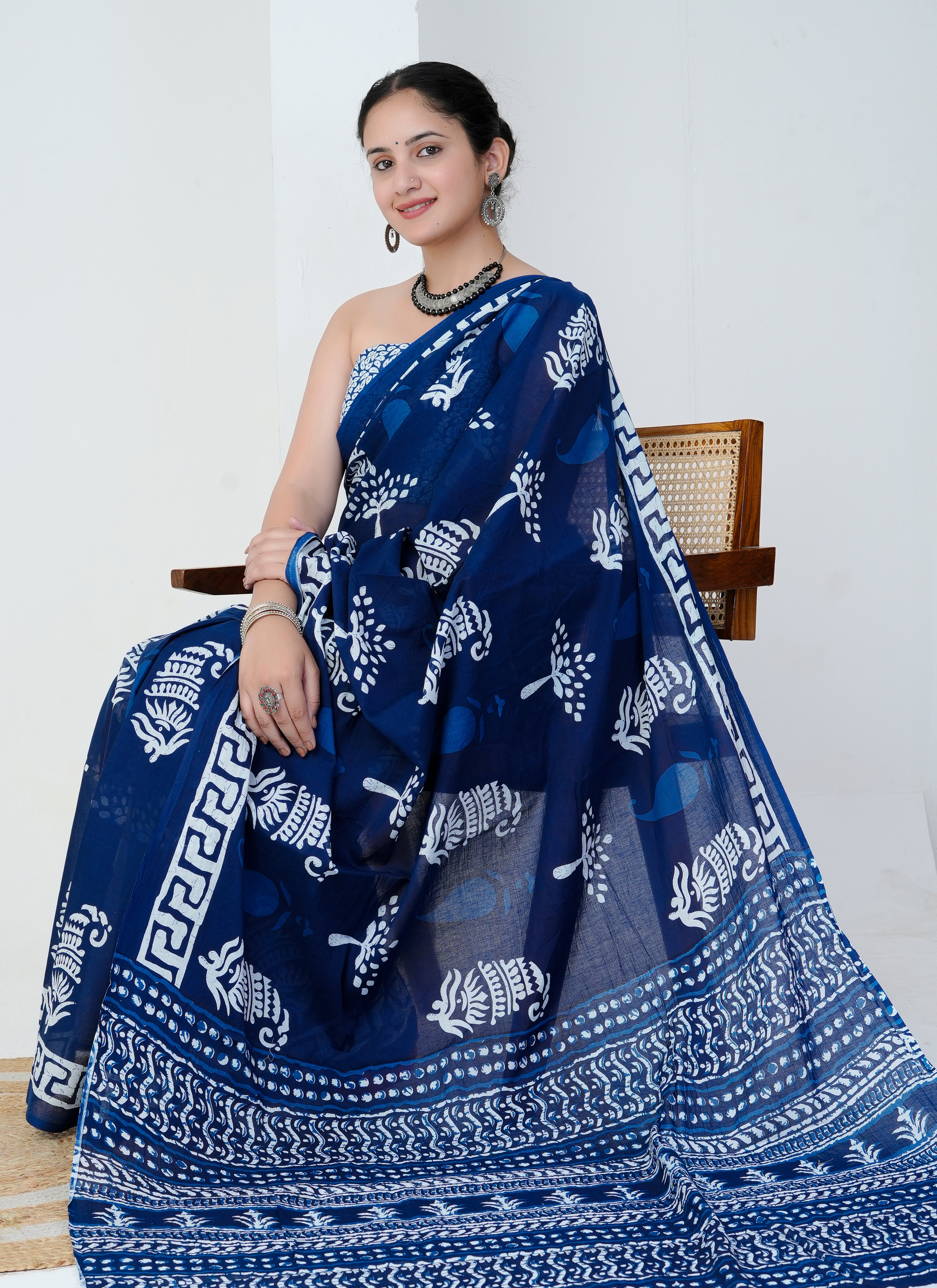 Indigo Blue Hand Block Printed Cotton Saree