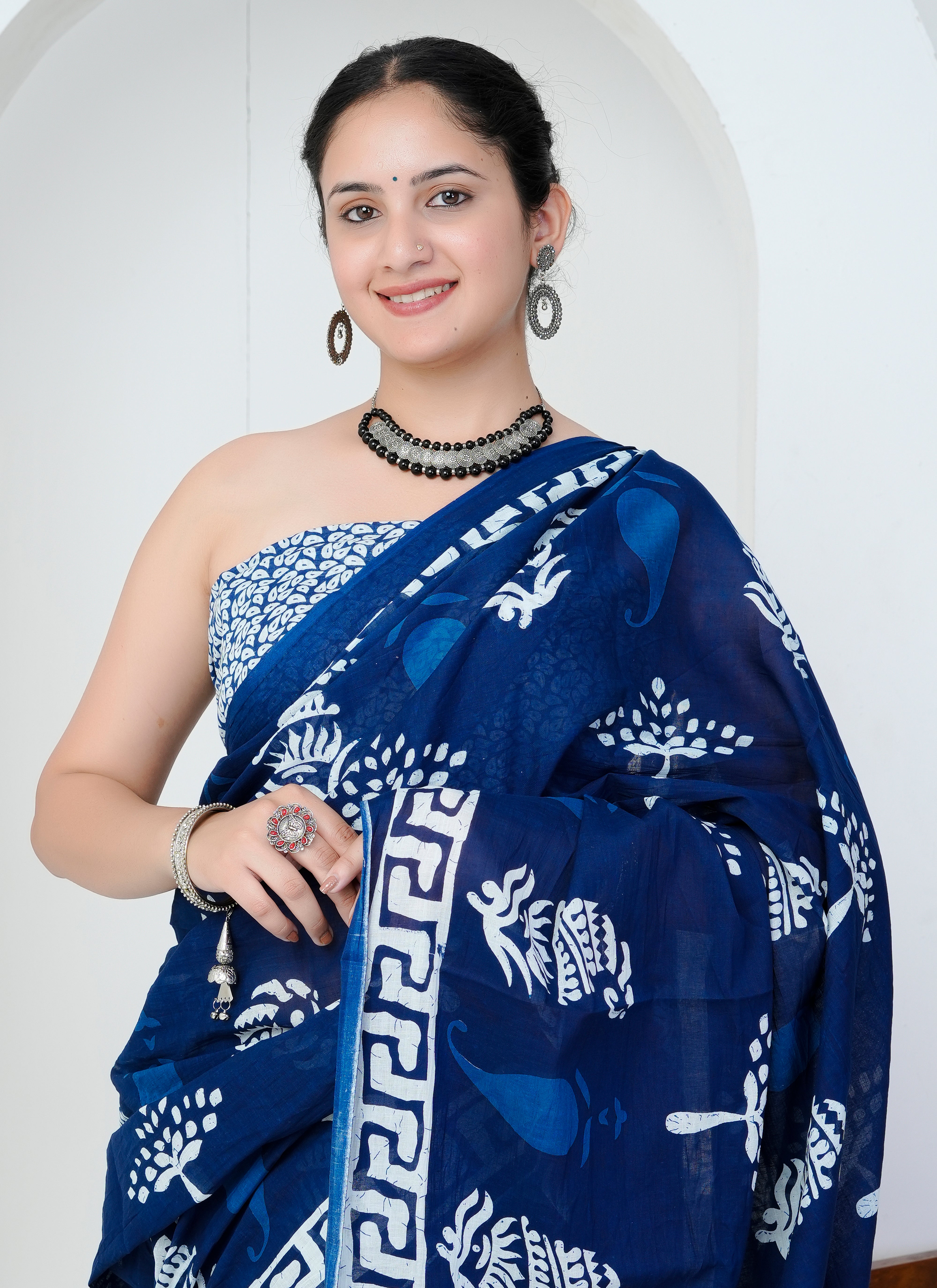 Indigo Blue Hand Block Printed Cotton Saree