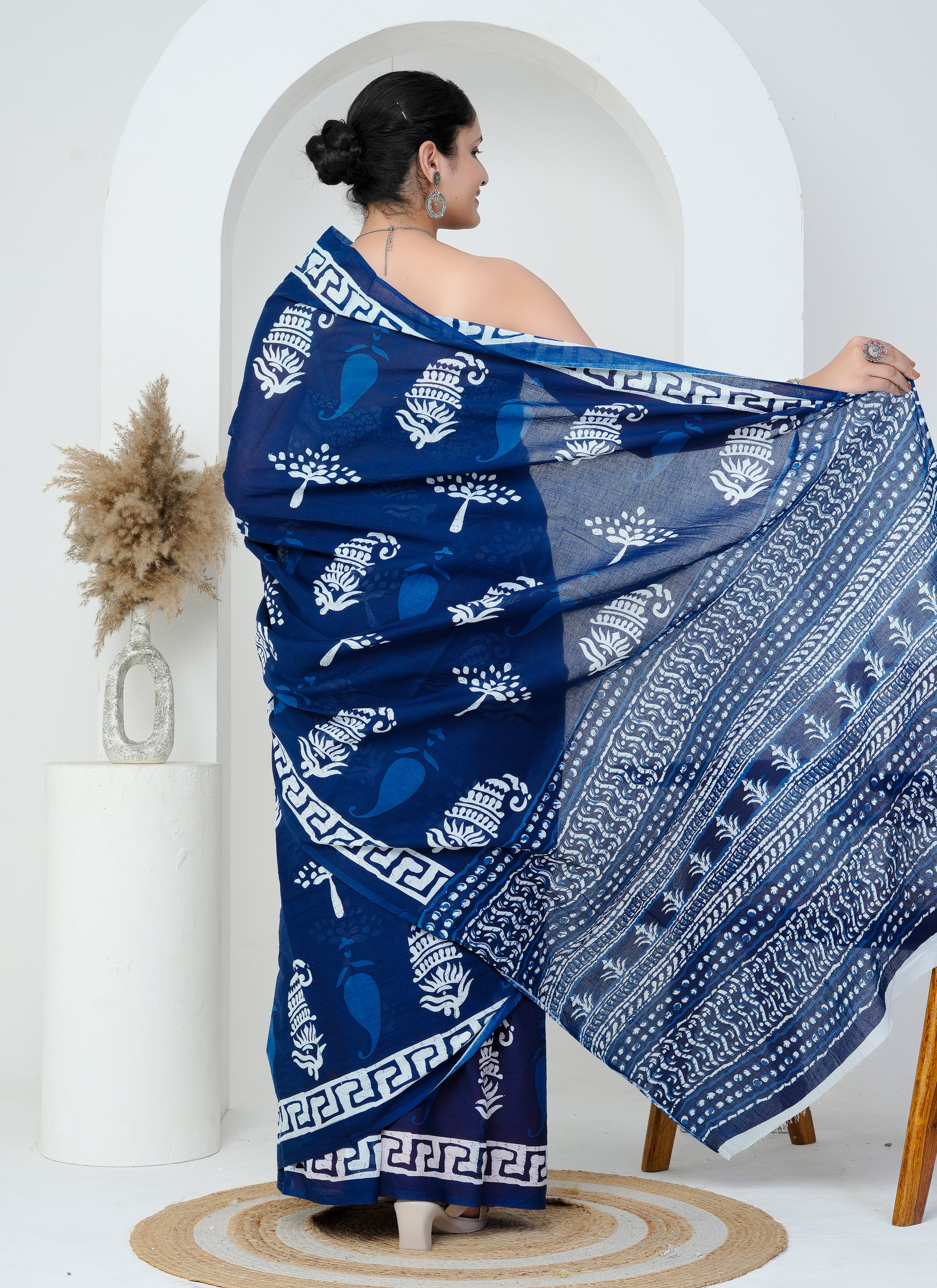 Indigo Blue Hand Block Printed Cotton Saree