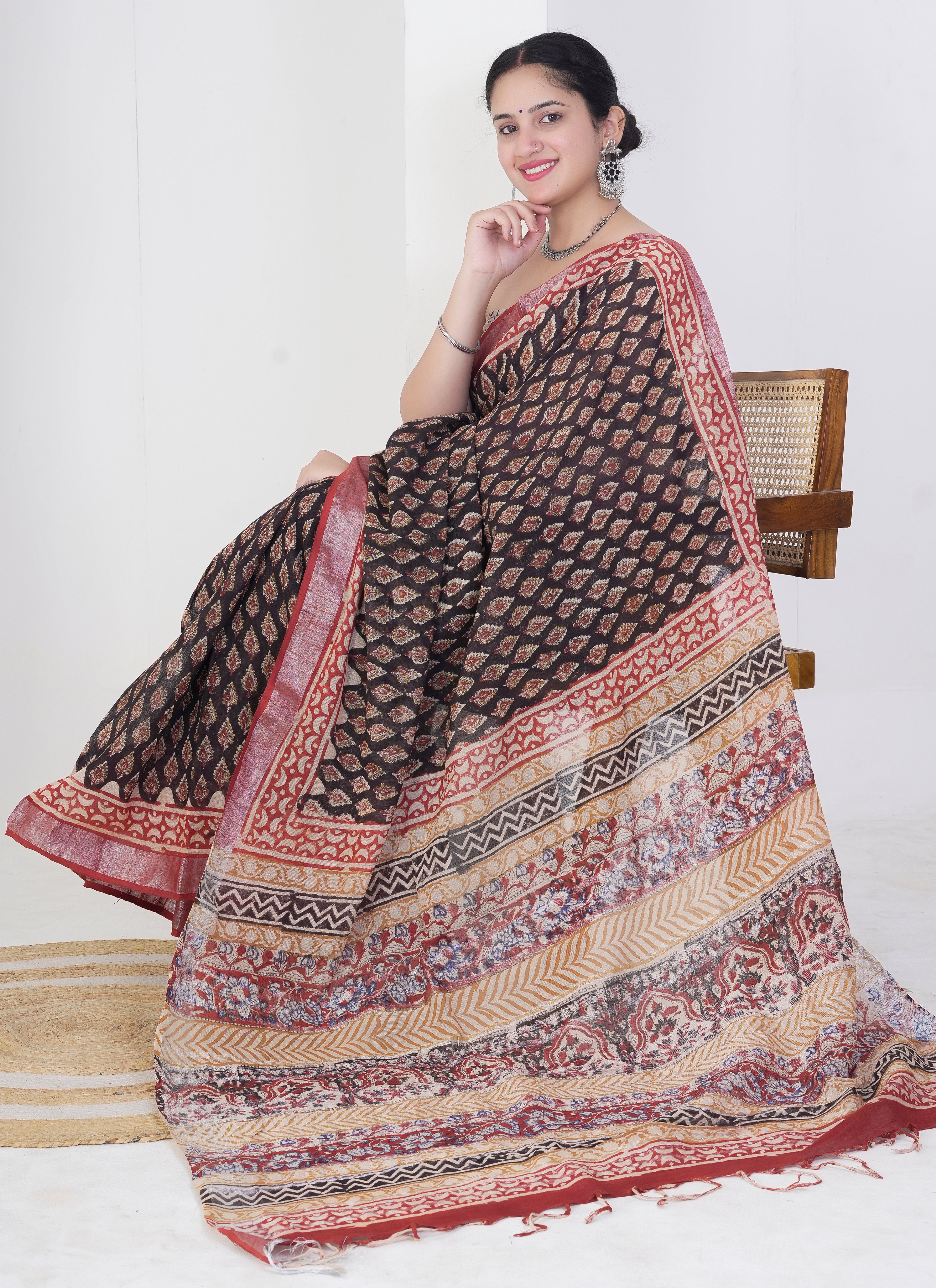 Rust and Black Pure Linen Saree