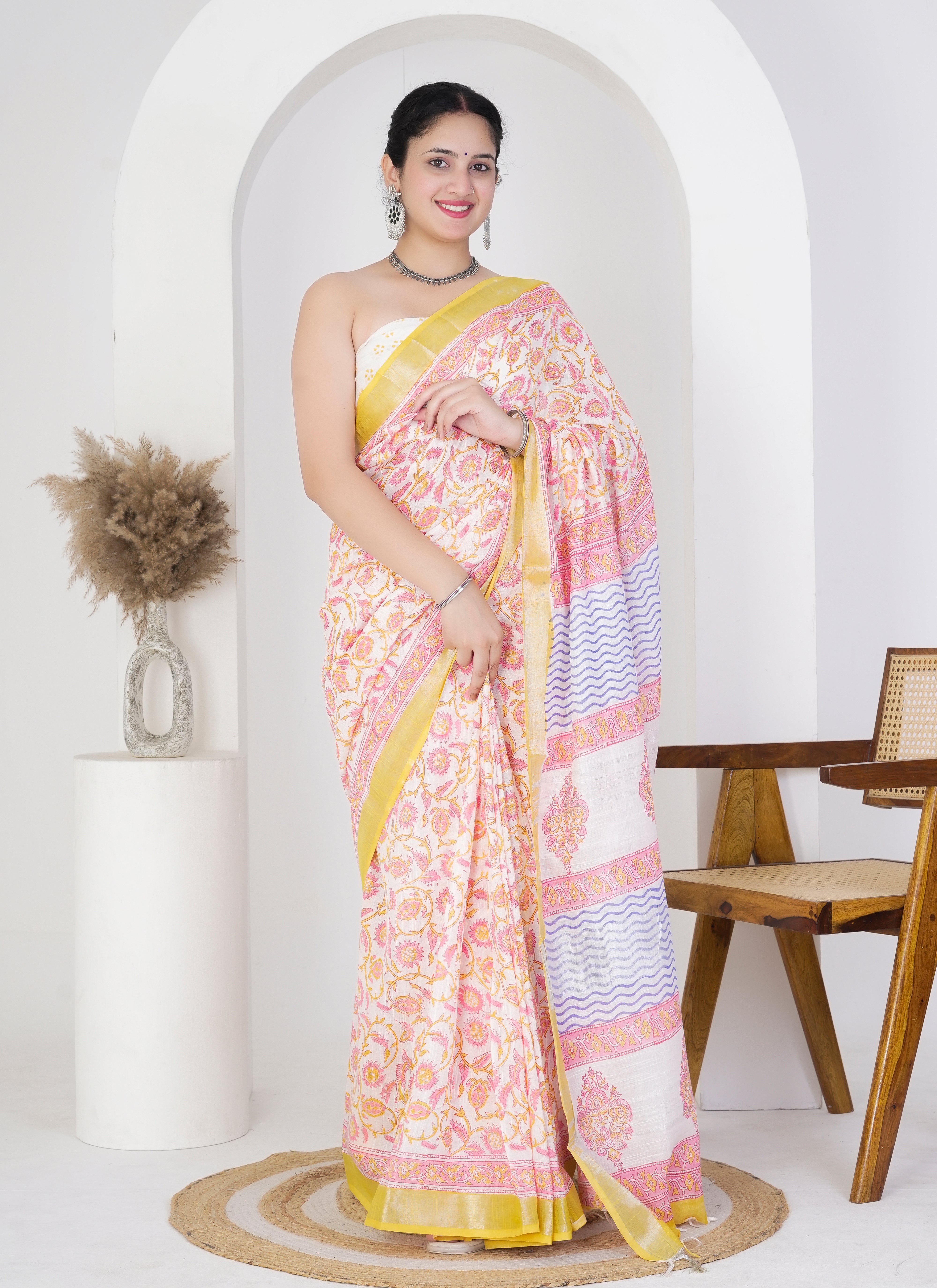 Soft White and Yellow Pure Linen Saree