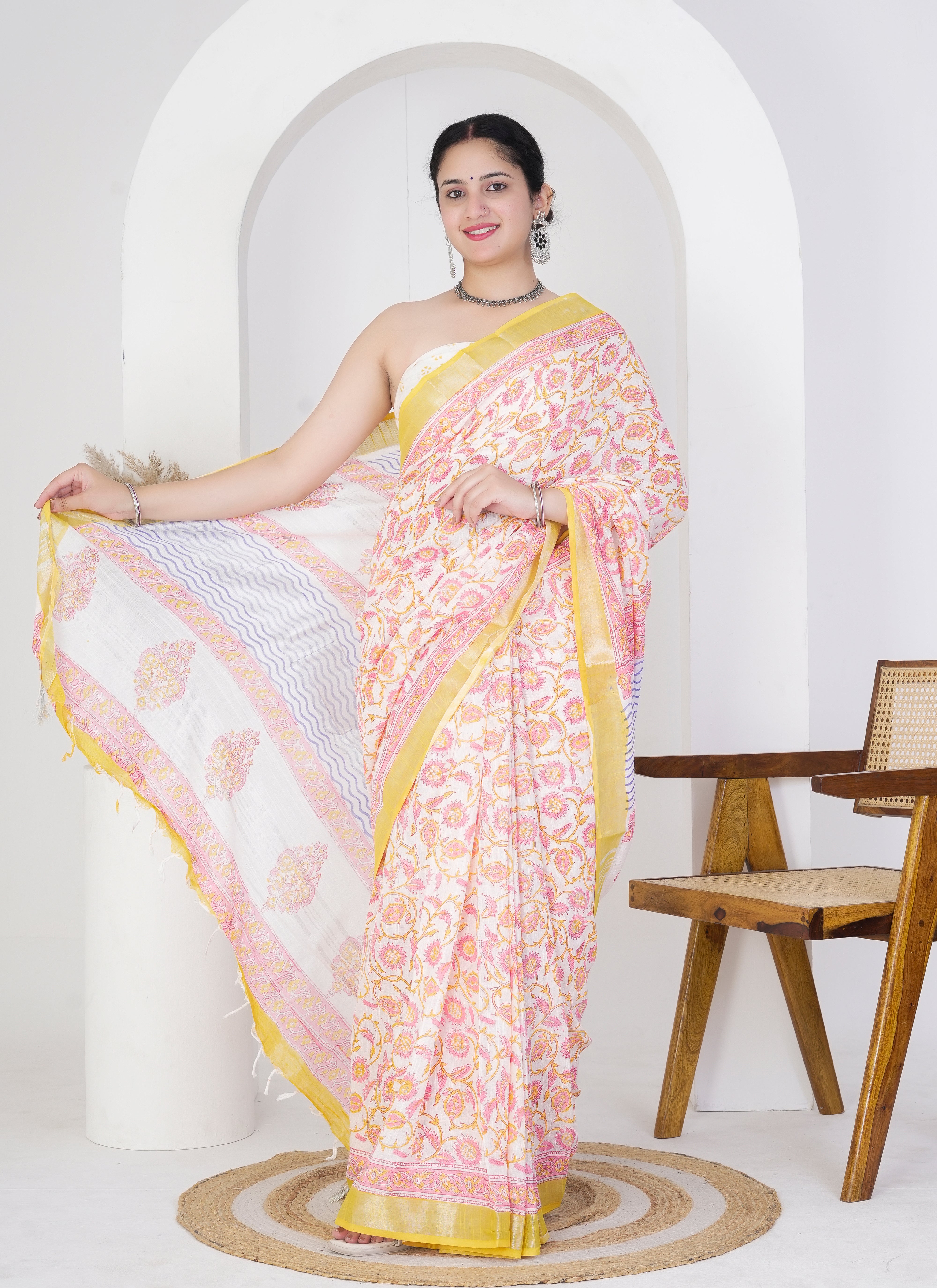 Soft White and Yellow Pure Linen Saree