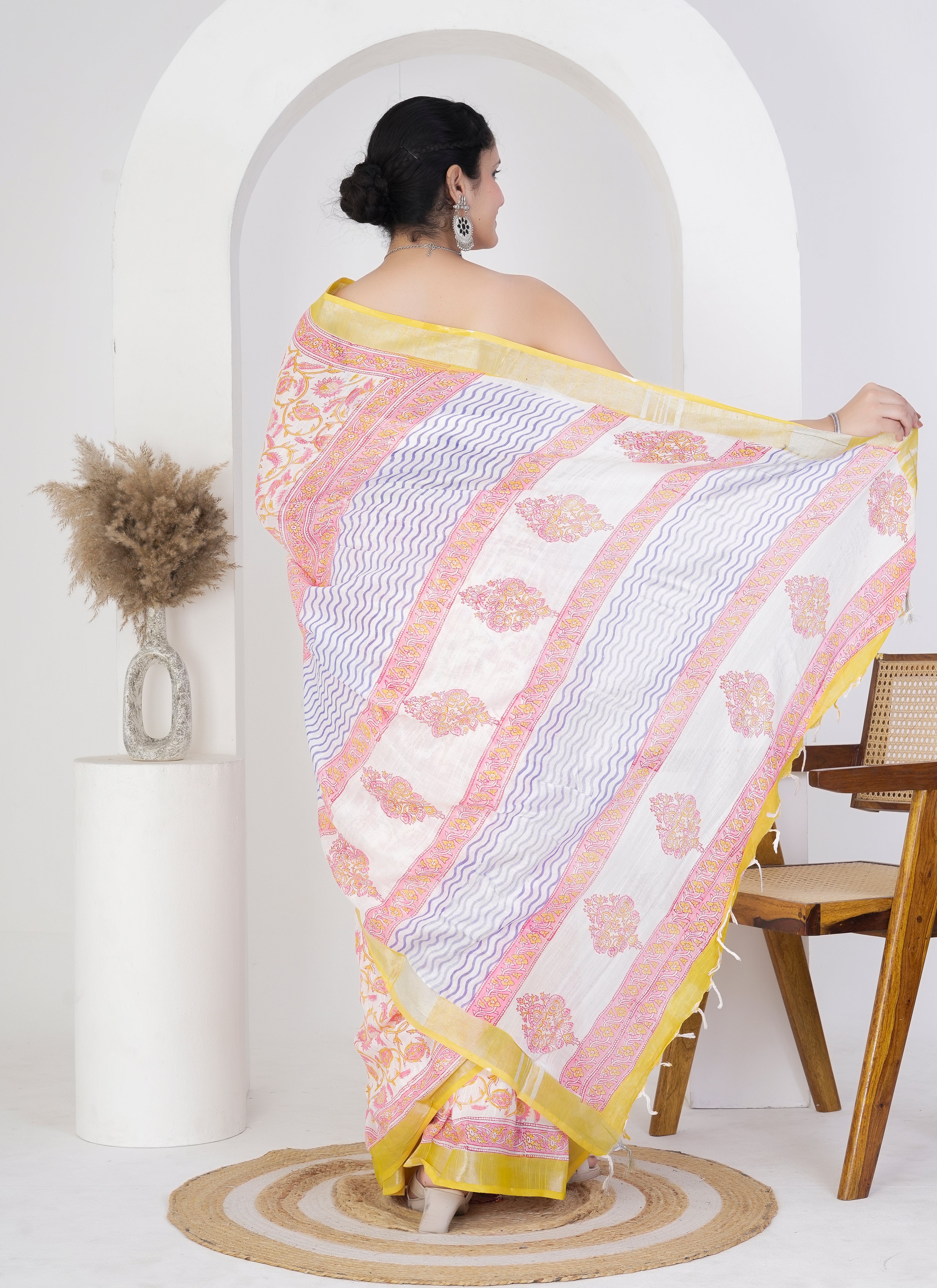 Soft White and Yellow Pure Linen Saree