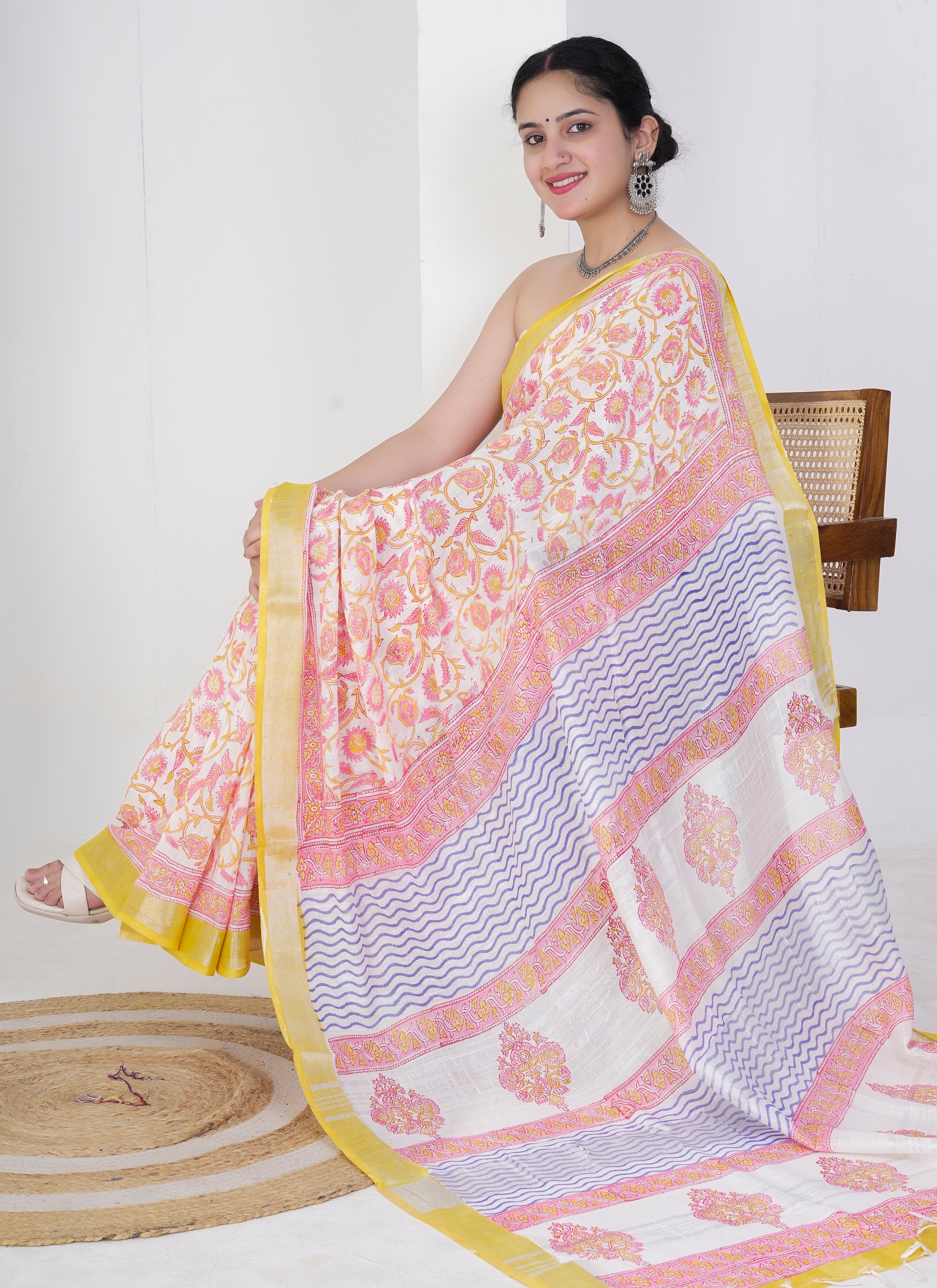 Soft White and Yellow Pure Linen Saree
