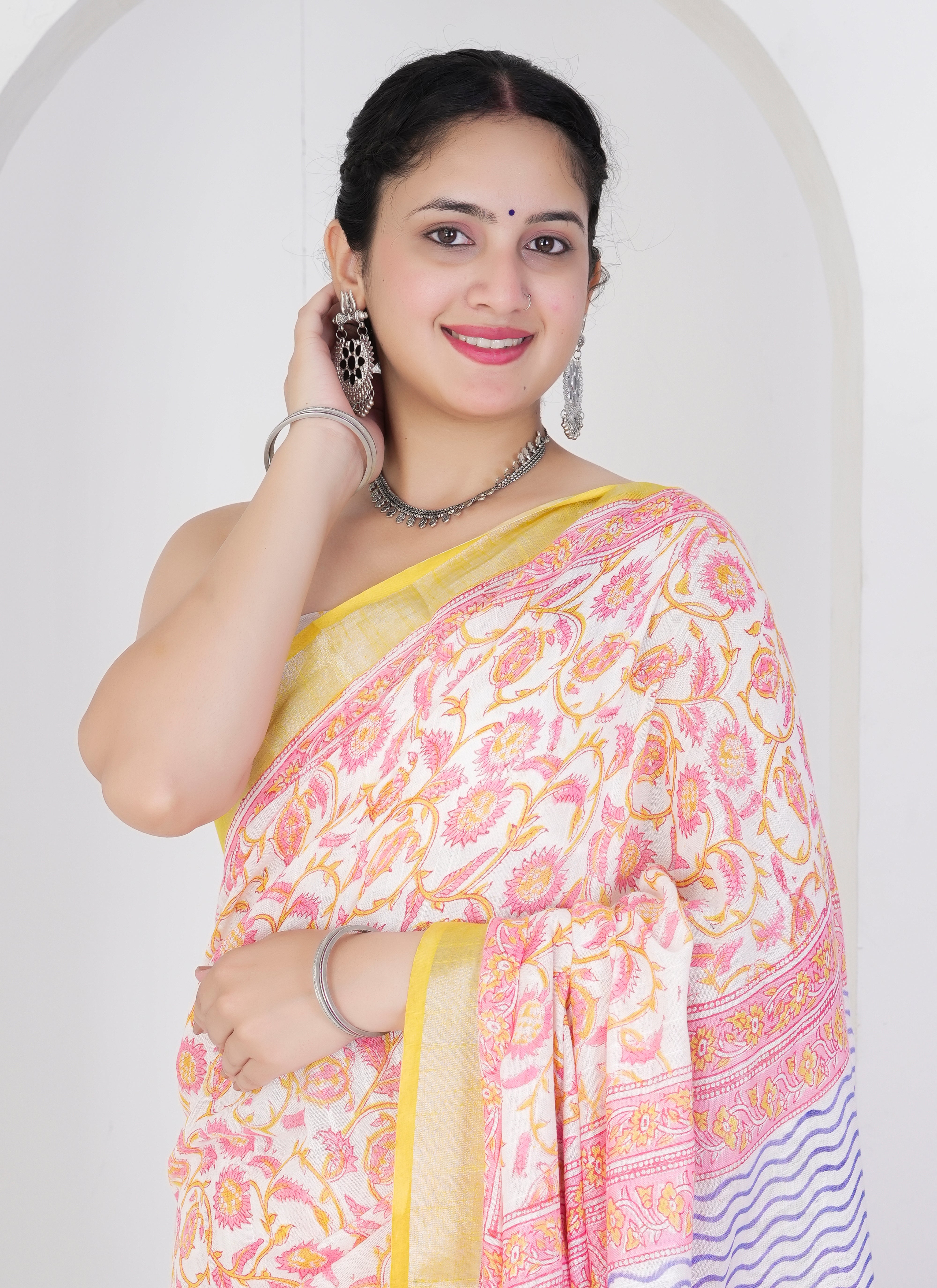 Soft White and Yellow Pure Linen Saree